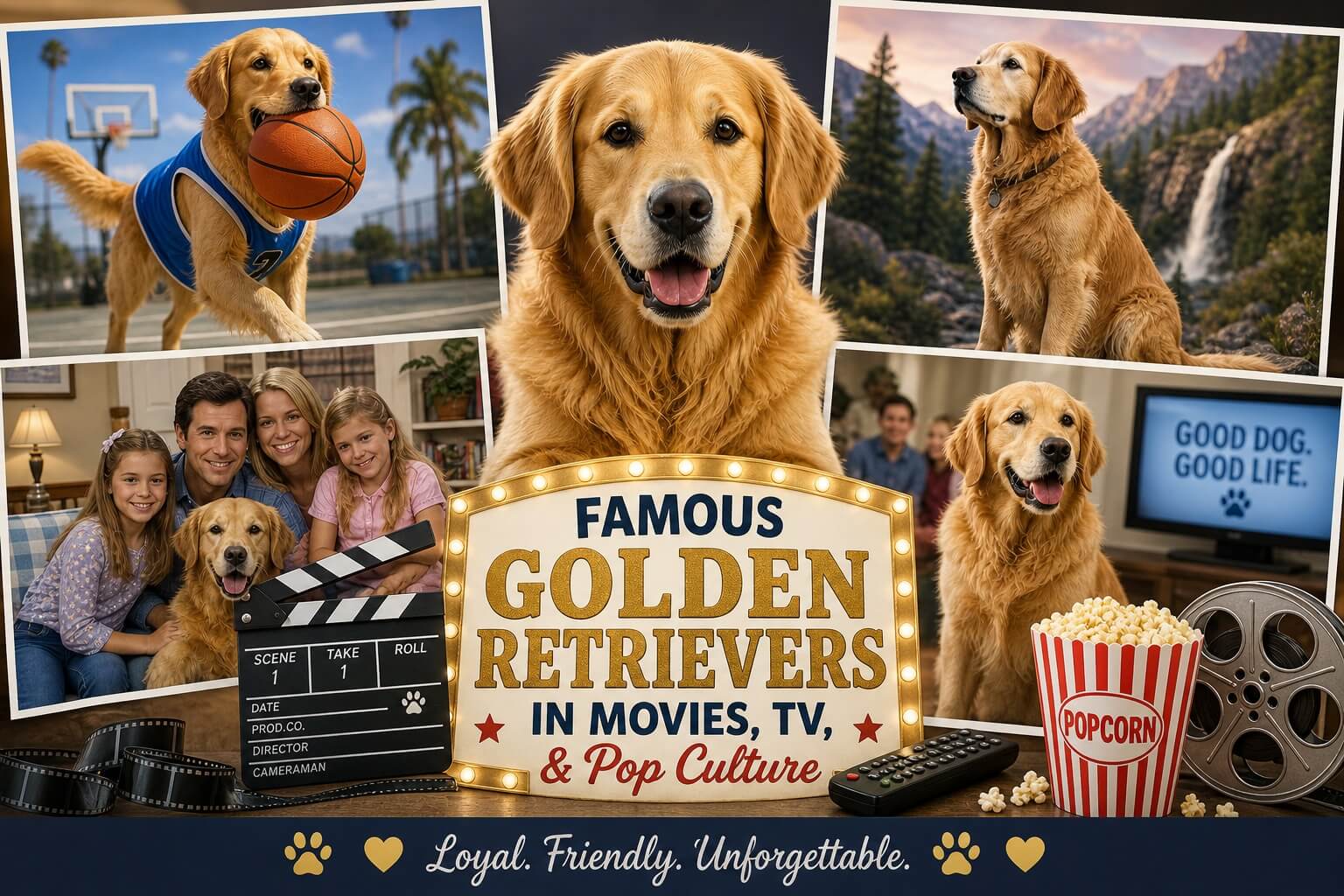 Golden Retriever sitting like a movie star on a cozy living room rug with a television in the background