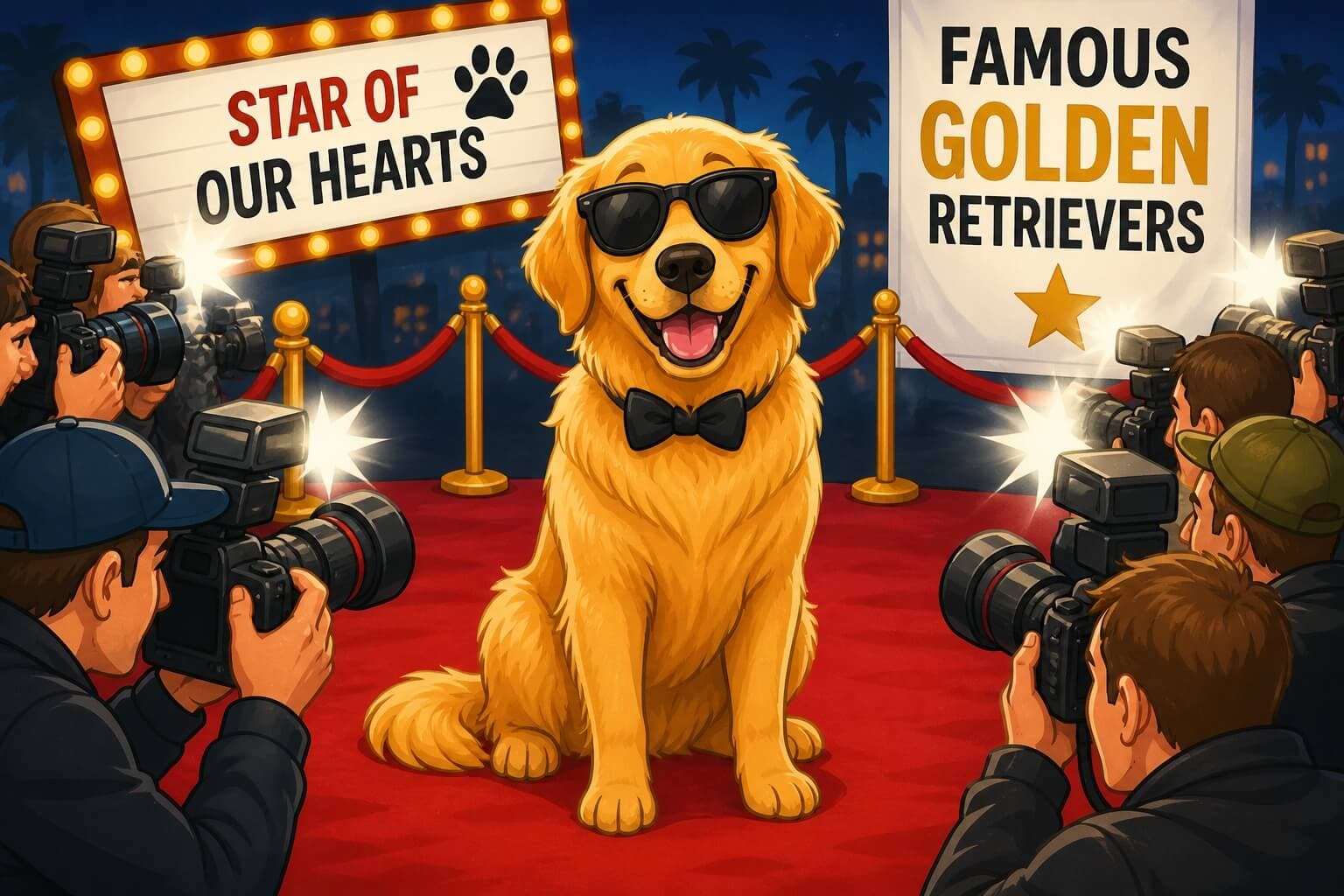 Golden Retriever with a scrapbook-style collage of famous Golden Retriever stories