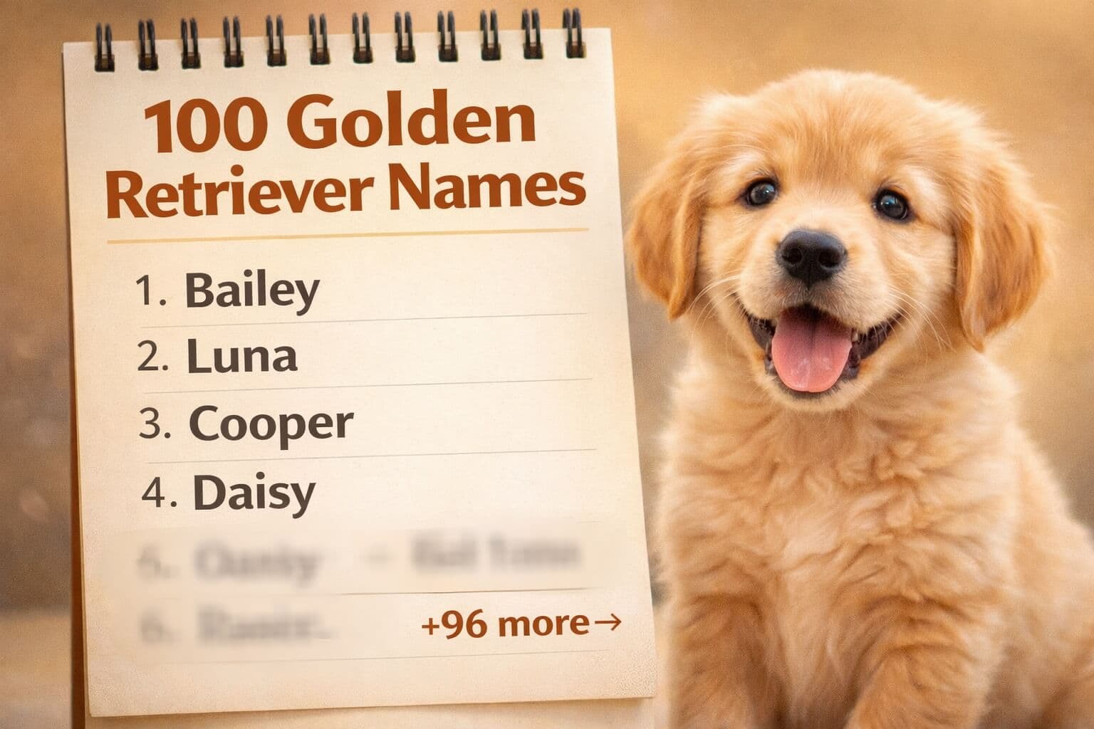 Top Golden Retriever names 2026 list with popular dog names like Bailey, Luna, Cooper, and Daisy beside a Golden Retriever puppy