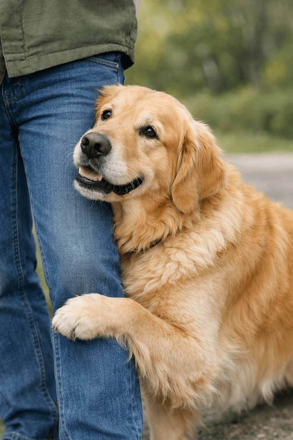 Golden Retriever leaning against person — cozy affection