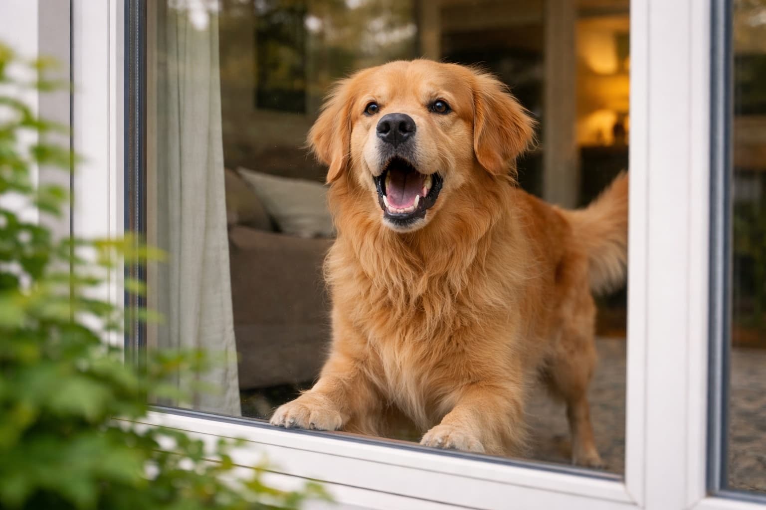 Golden Retriever barking at a window from inside the house, showing alert behavior and vocal response to outside stimuli