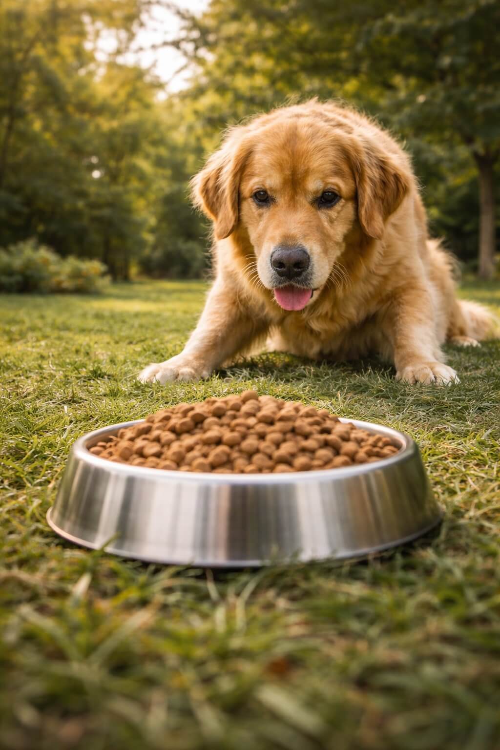 Healthy Golden Retriever outdoors with shiny coat, representing proper nutrition and high-quality diet