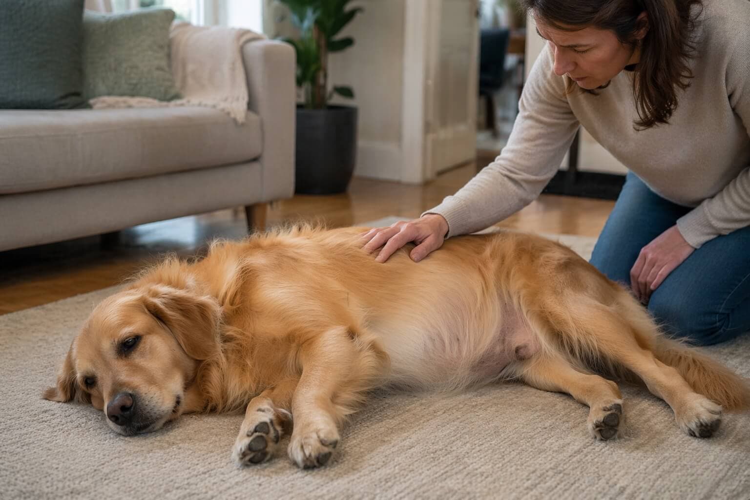 Golden Retriever lying on the floor looking uncomfortable with a bloated abdomen while owner shows concern