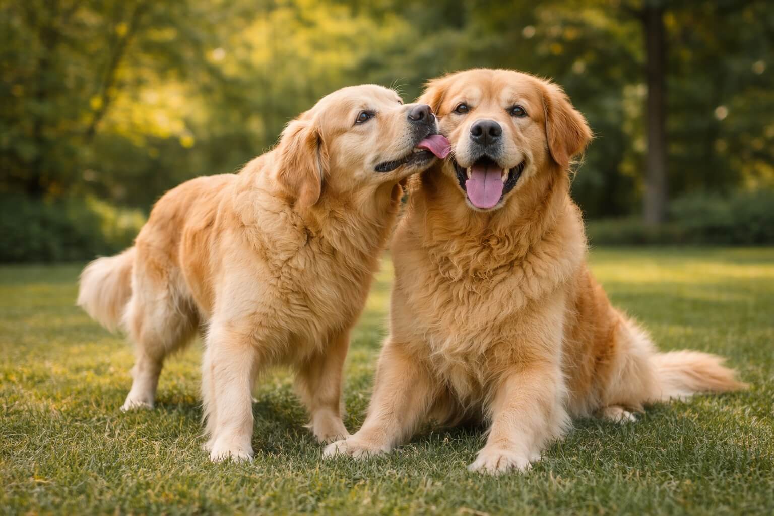 Two Golden Retrievers interacting affectionately outdoors, representing the bond between paired dogs