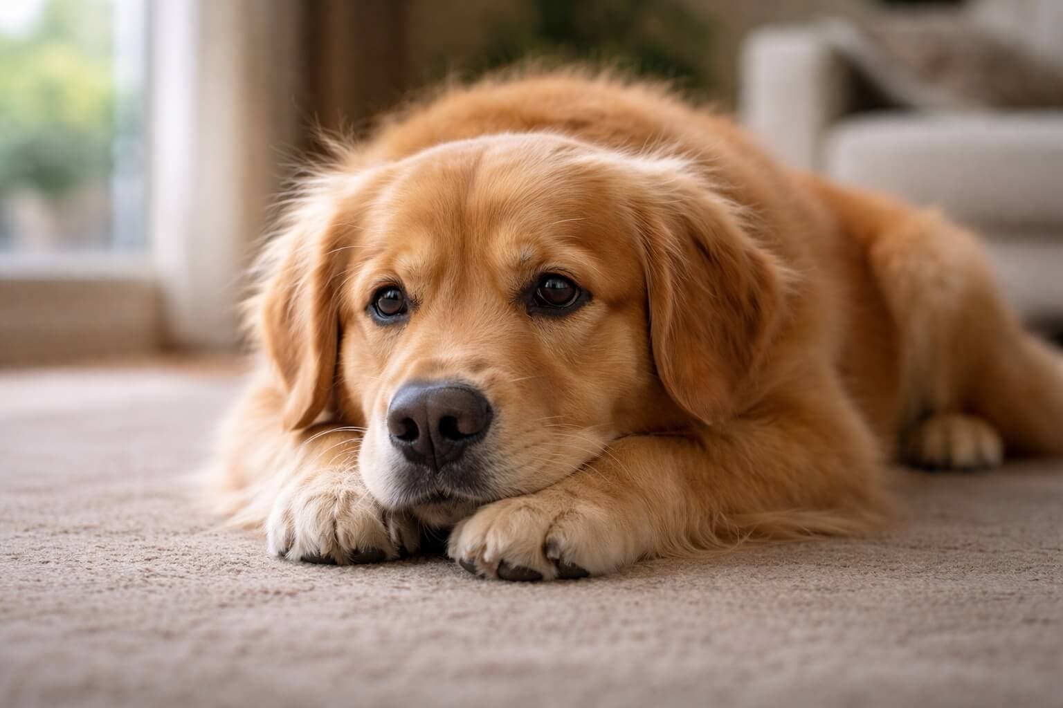 Golden Retriever lying down with head resting on paws, showing a calm but concerned expression for a health-related guide