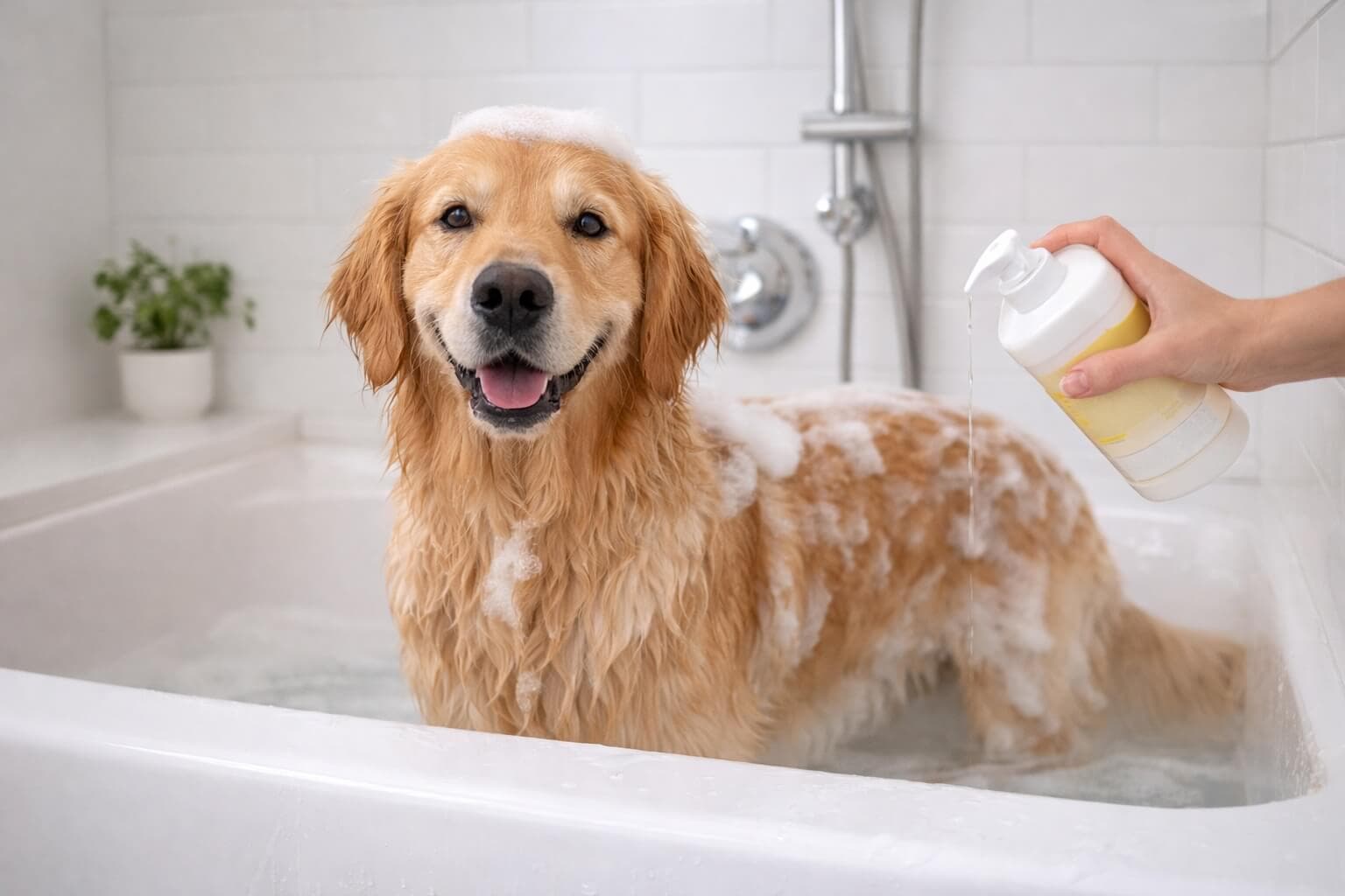 Golden Retriever standing calmly in a bathtub while being washed with shampoo, showing clean coat care and bathing