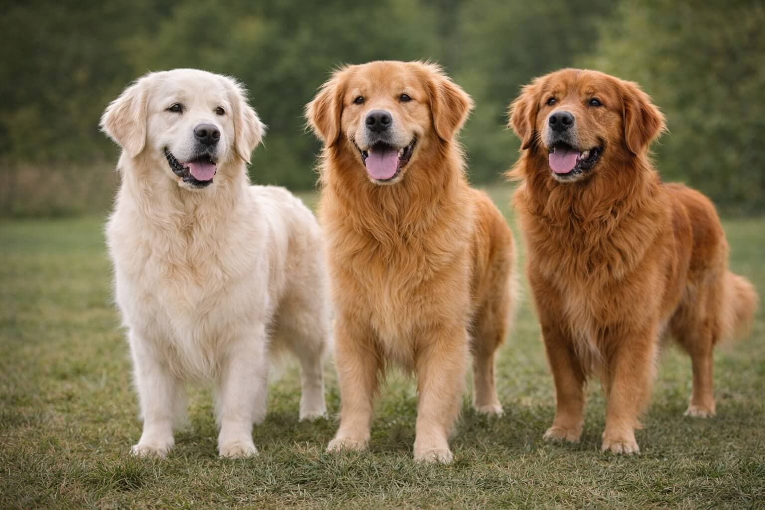 Three Golden Retrievers with different coat types including light English cream, standard golden, and dark red coat showing variation in color and fur