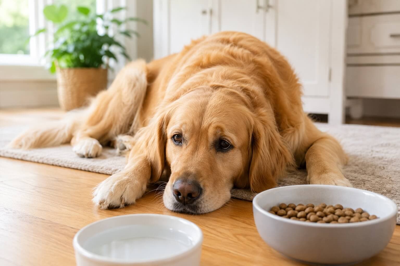 Golden Retriever lying near a food bowl while resting with an upset stomach