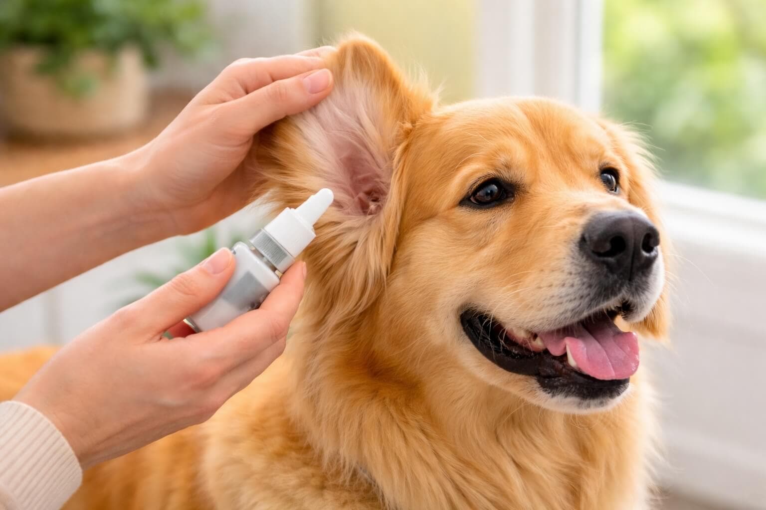 Golden Retriever having its ear gently cleaned with a dropper solution, showing safe ear care and grooming technique