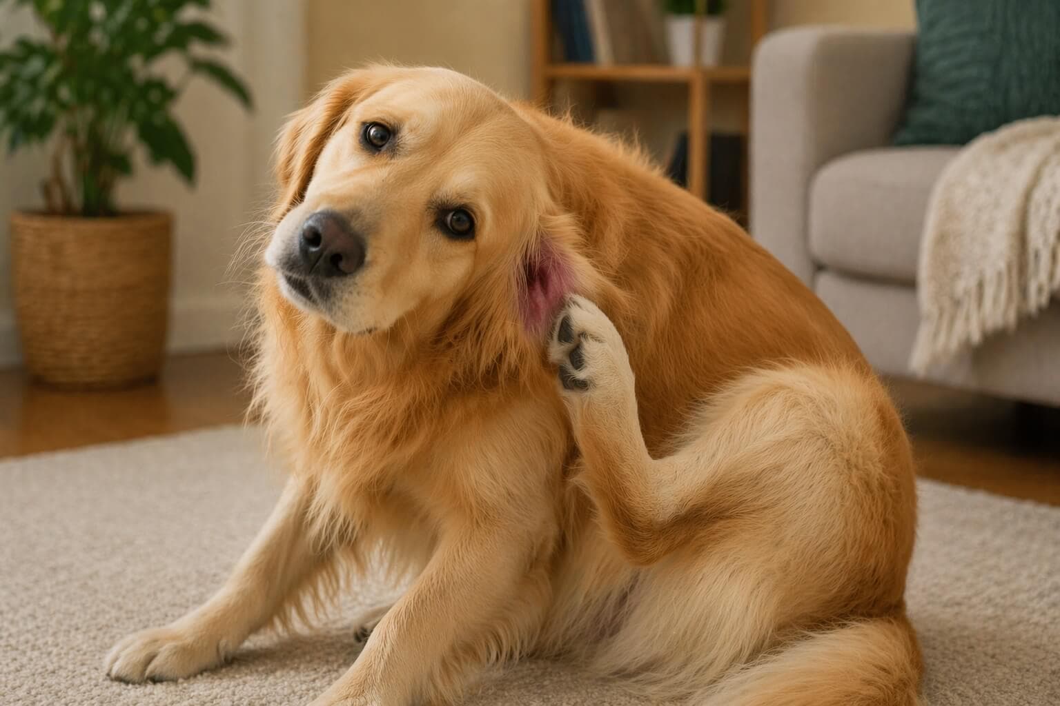 Golden Retriever scratching its ear and tilting its head showing signs of an ear infection