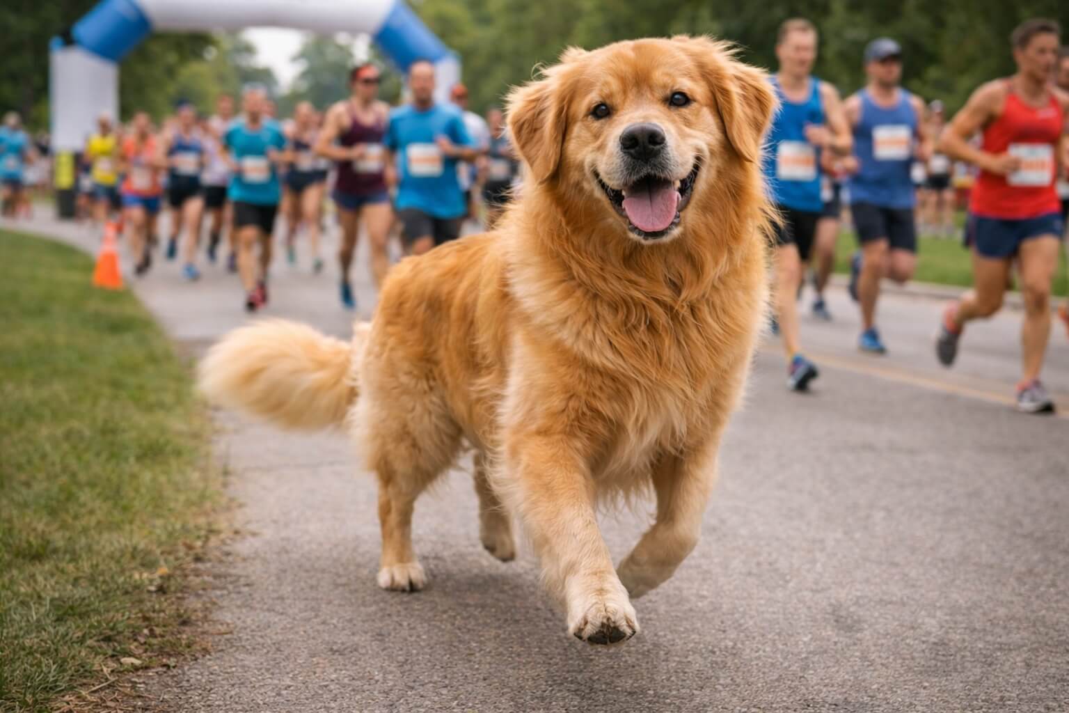 Golden Retriever running on a road with marathon runners in the background, representing exercise and daily activity needs