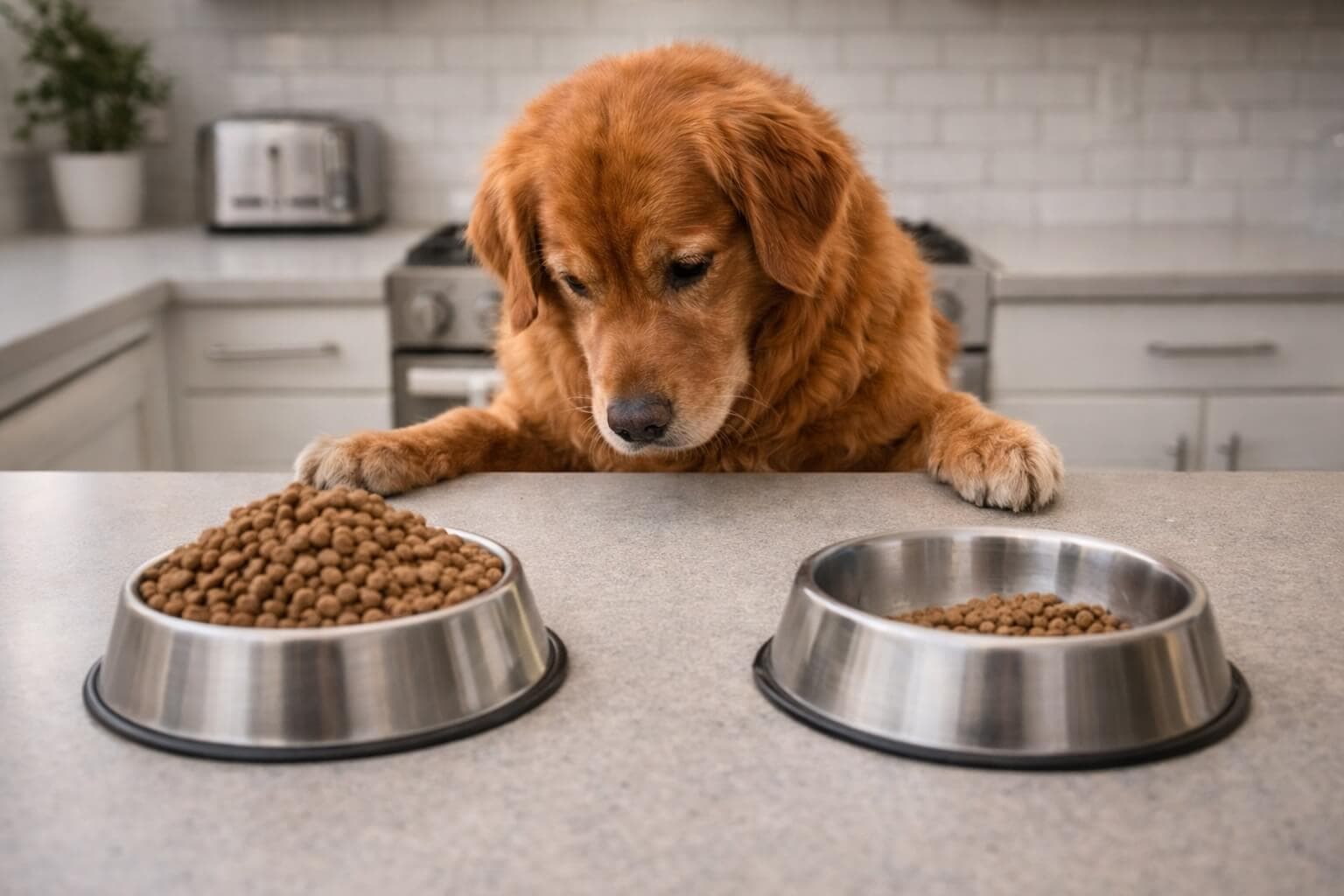 Golden Retriever looking at two bowls of food on a kitchen counter, one overfilled and one underfilled, showing feeding amount decision