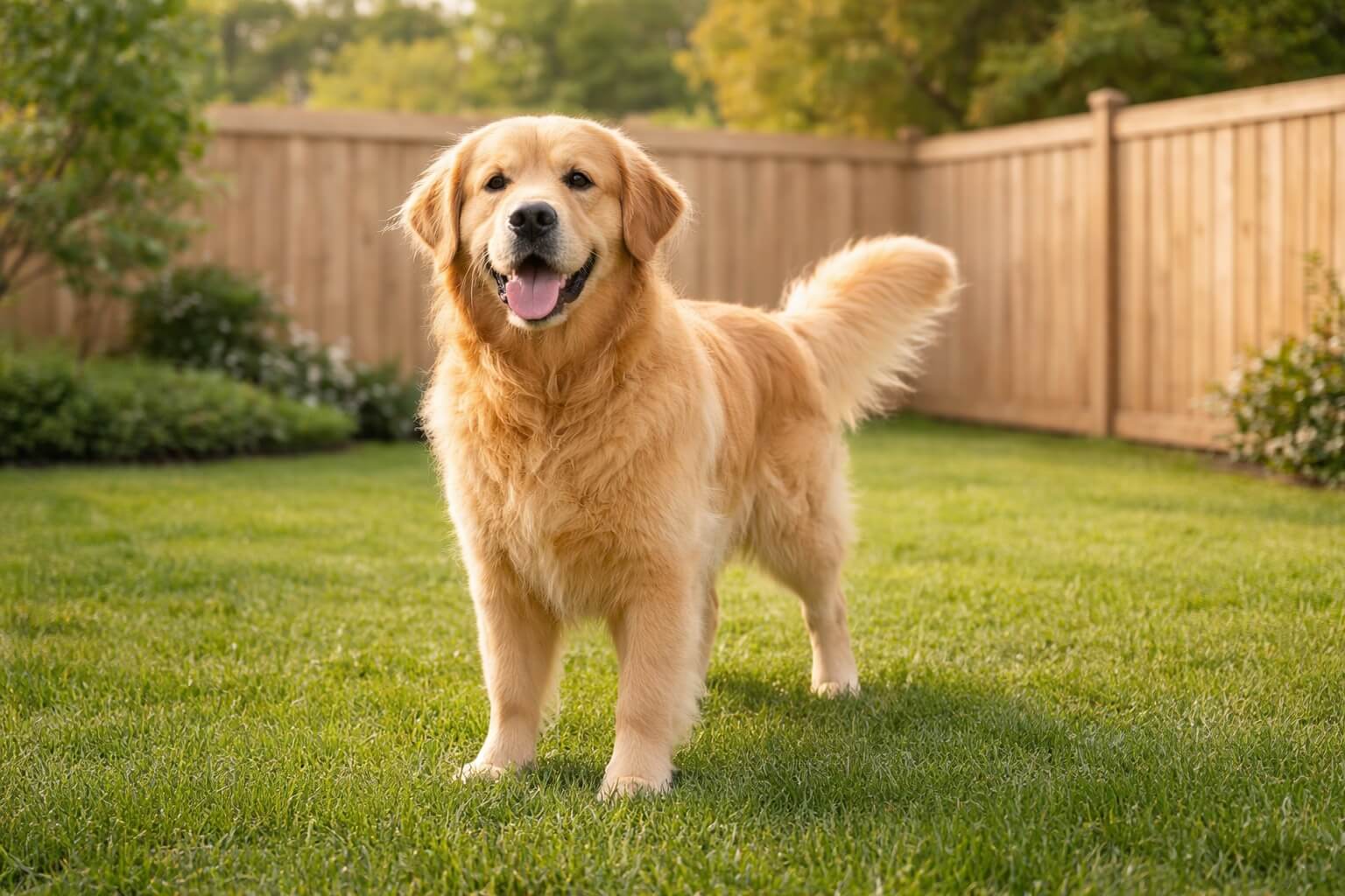 Golden Retriever standing in a fenced backyard with open grass space, representing yard and outdoor space needs