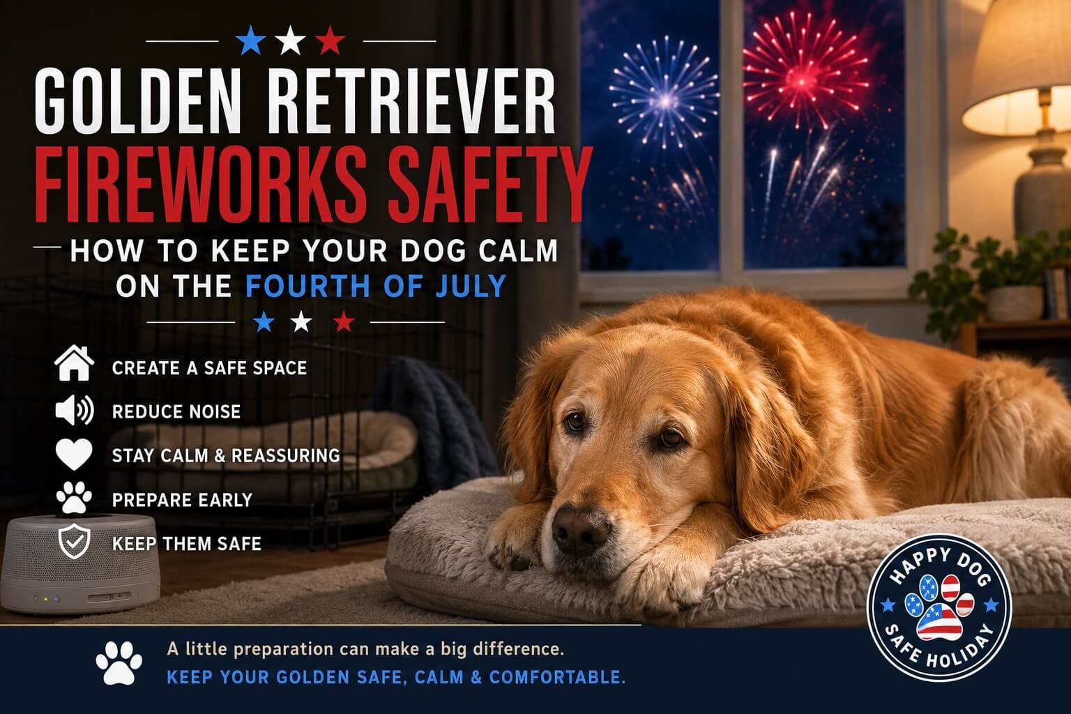 Golden Retriever resting calmly indoors during Fourth of July fireworks
