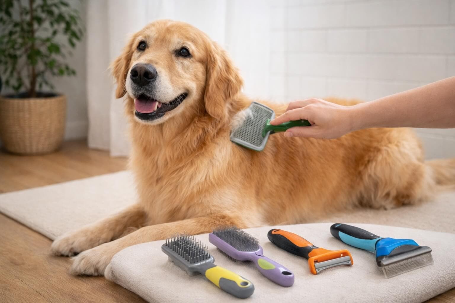 Golden Retriever being brushed with multiple grooming tools including slicker brush and undercoat rake, showing coat care and grooming options