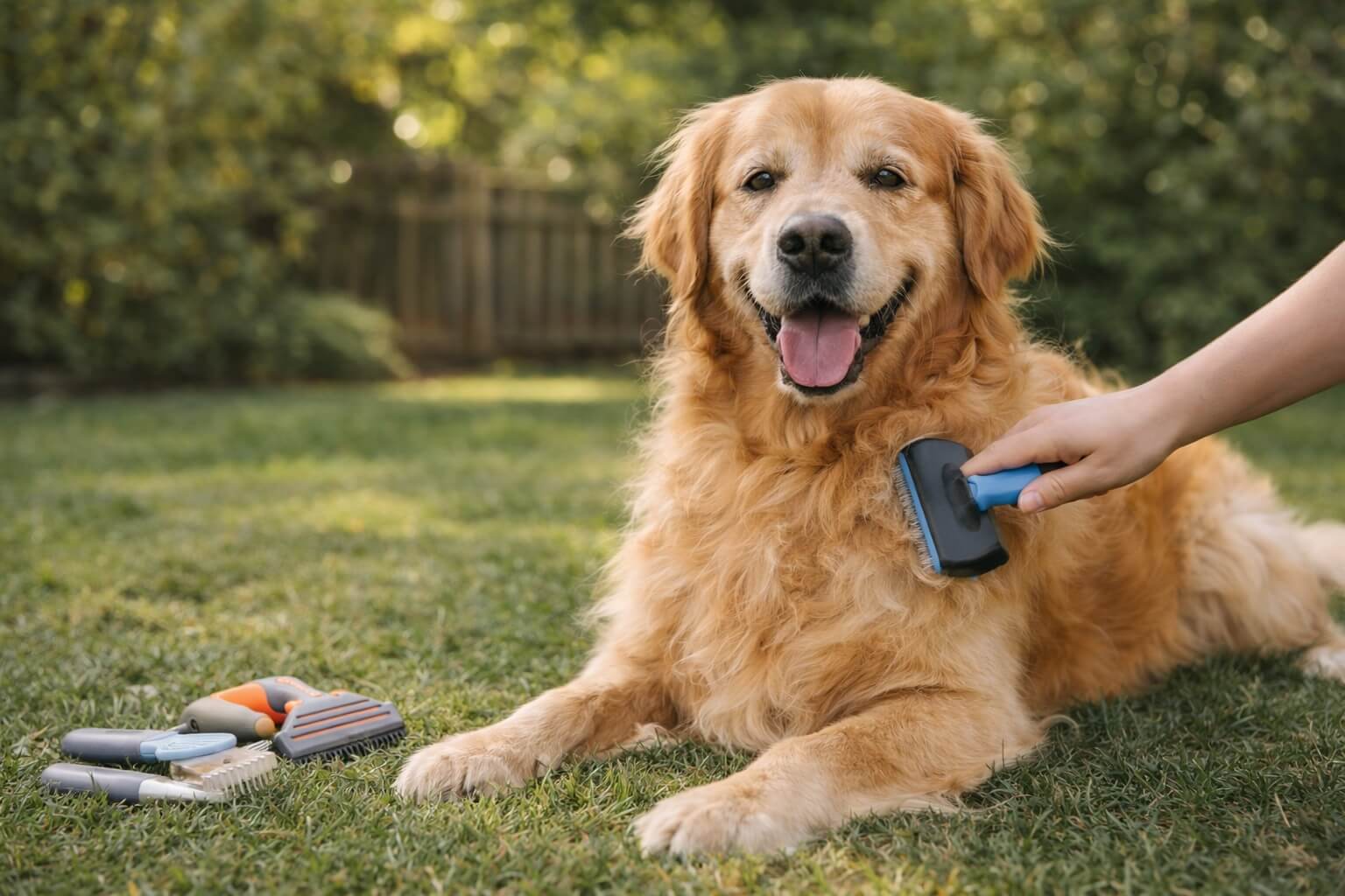 Golden Retriever being brushed during a calm outdoor grooming session with grooming tools nearby