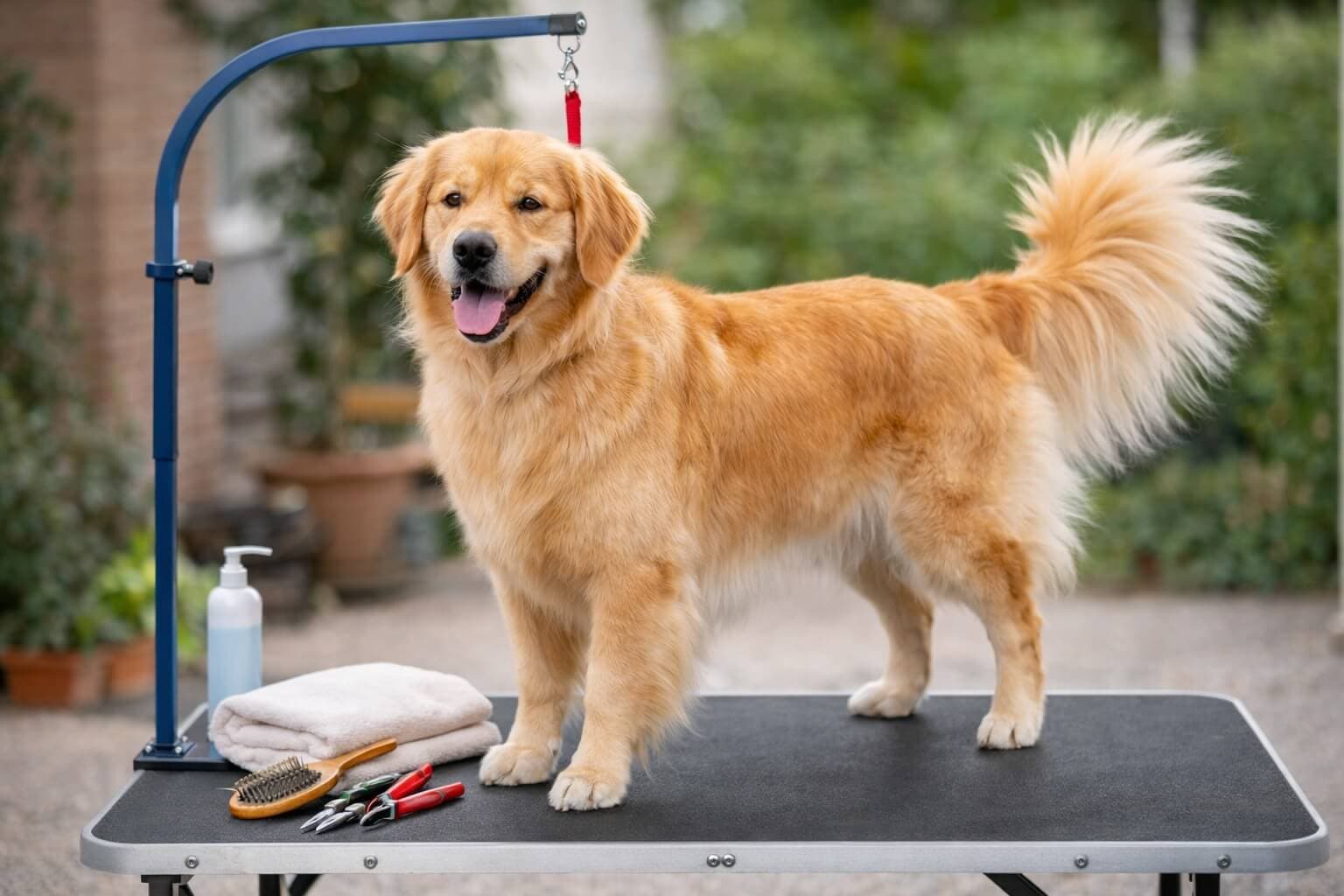 Well-groomed Golden Retriever standing on a grooming table with tools nearby, representing a consistent grooming routine and schedule
