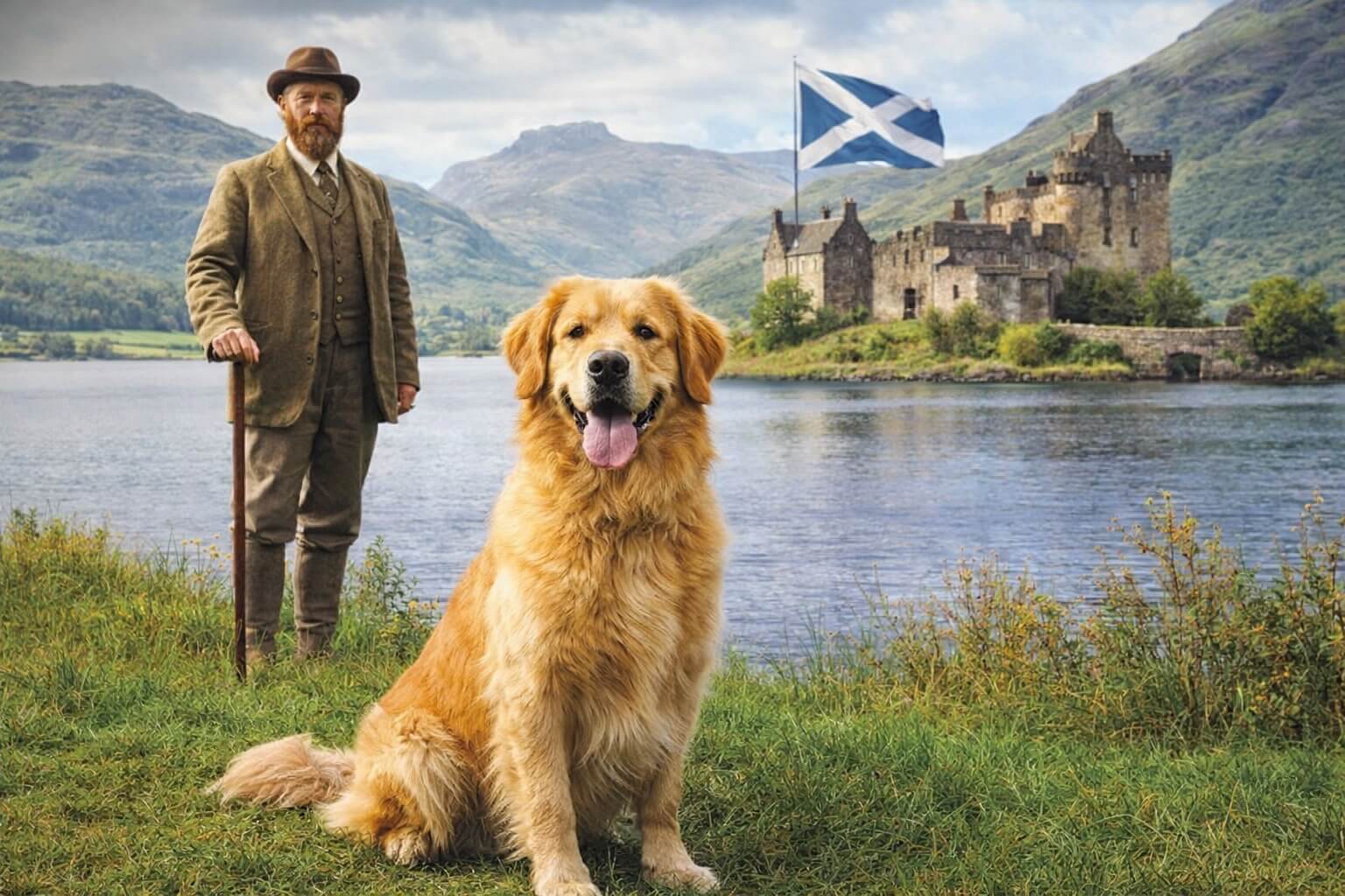 Golden Retriever sitting by a Scottish lake with historic castle and Lord Tweedmouth, representing the origins of the breed in Scotland