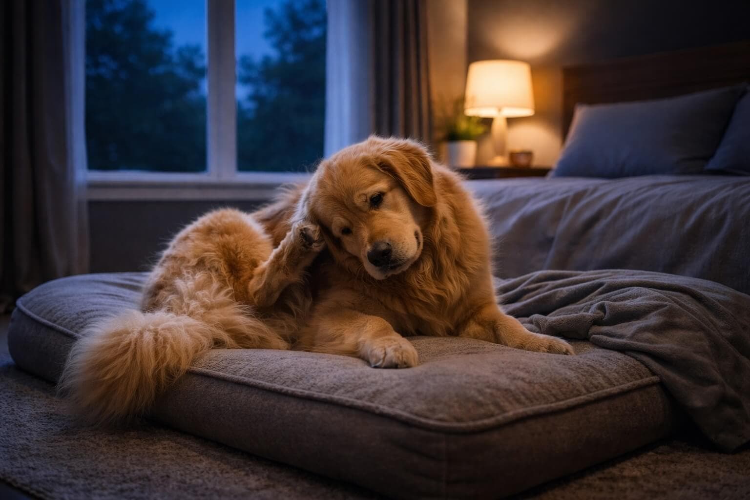 Golden Retriever scratching its ear on a dog bed in a bedroom at night, showing nighttime itching and restlessness