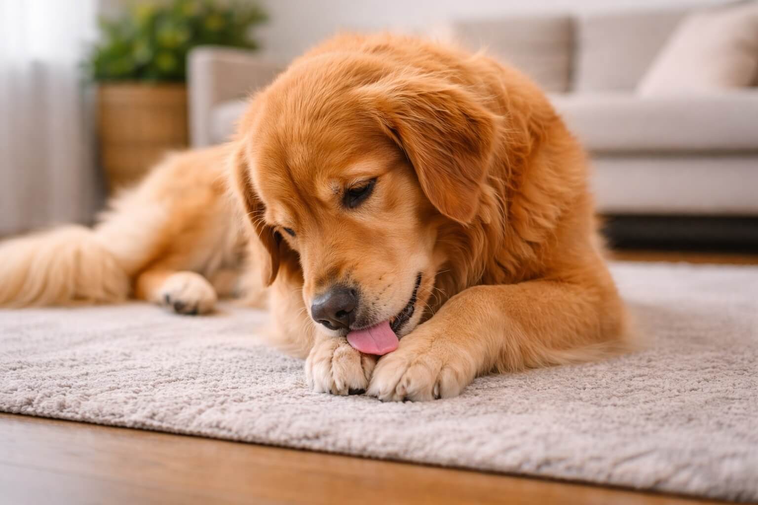 Golden Retriever lying on a rug indoors licking its paw, showing signs of irritation or excessive paw licking