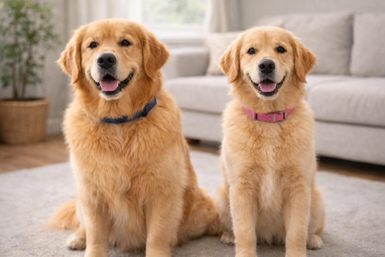 Two Golden Retrievers sitting side by side indoors, showing subtle size and appearance differences between male and female dogs