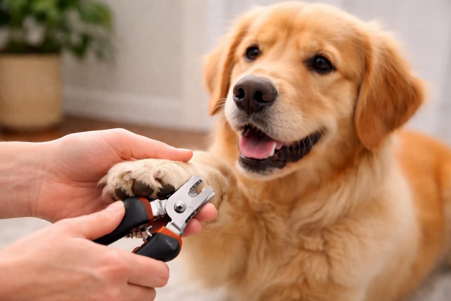 Golden Retriever calmly having its paw held while nails are trimmed with clippers, showing safe and careful grooming technique