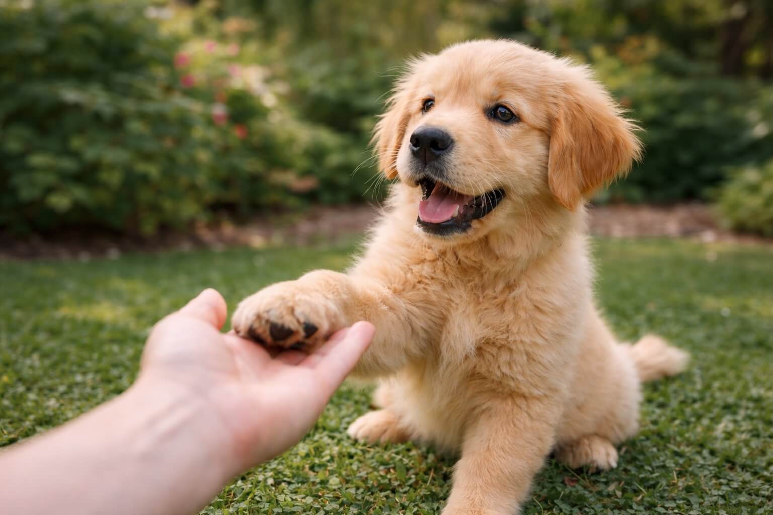 Golden Retriever puppy giving paw to a human hand outdoors, representing paw care, handling, and healthy interaction