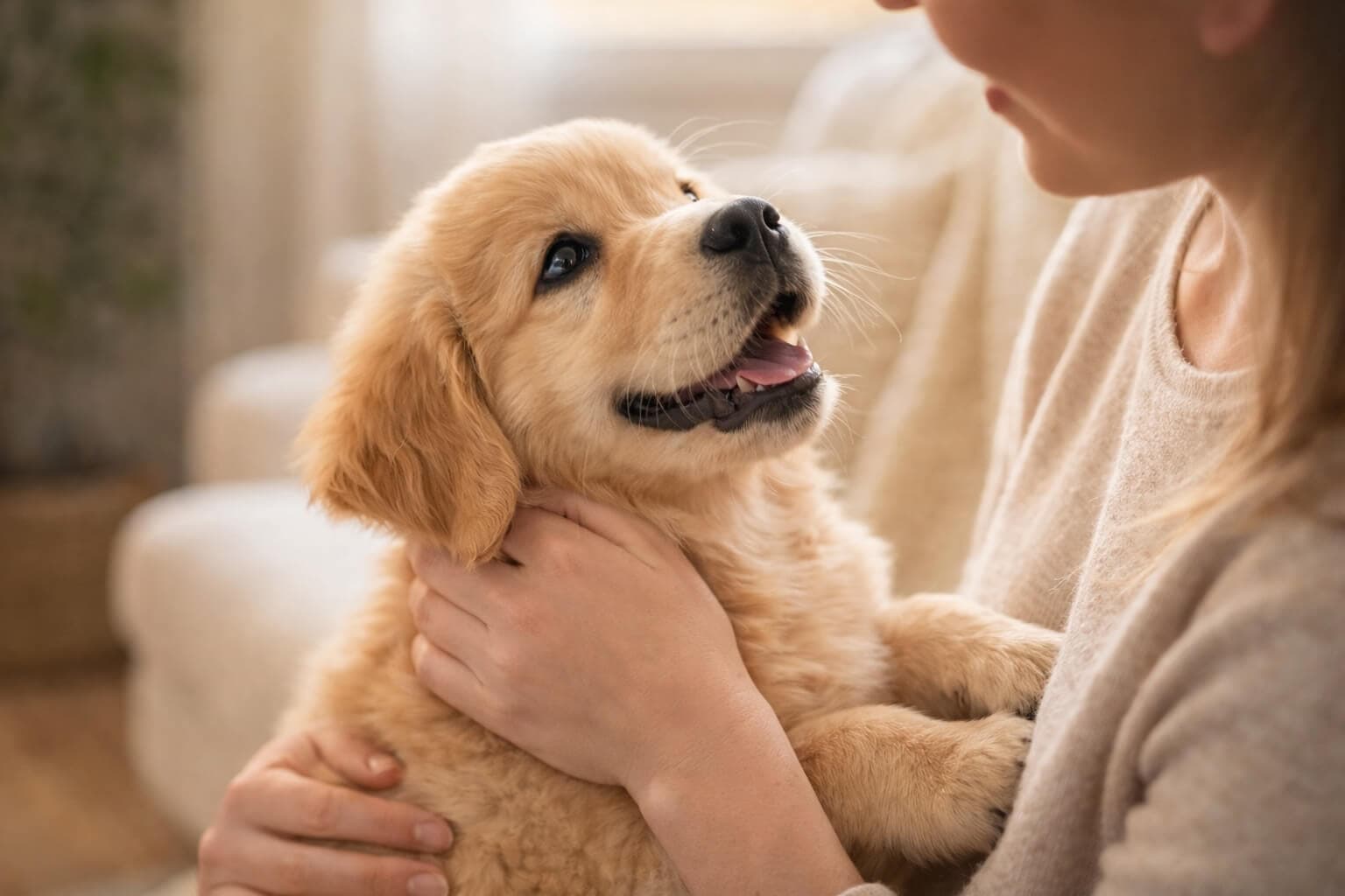 Golden Retriever puppy being gently cared for by its owner, representing early puppy care and bonding