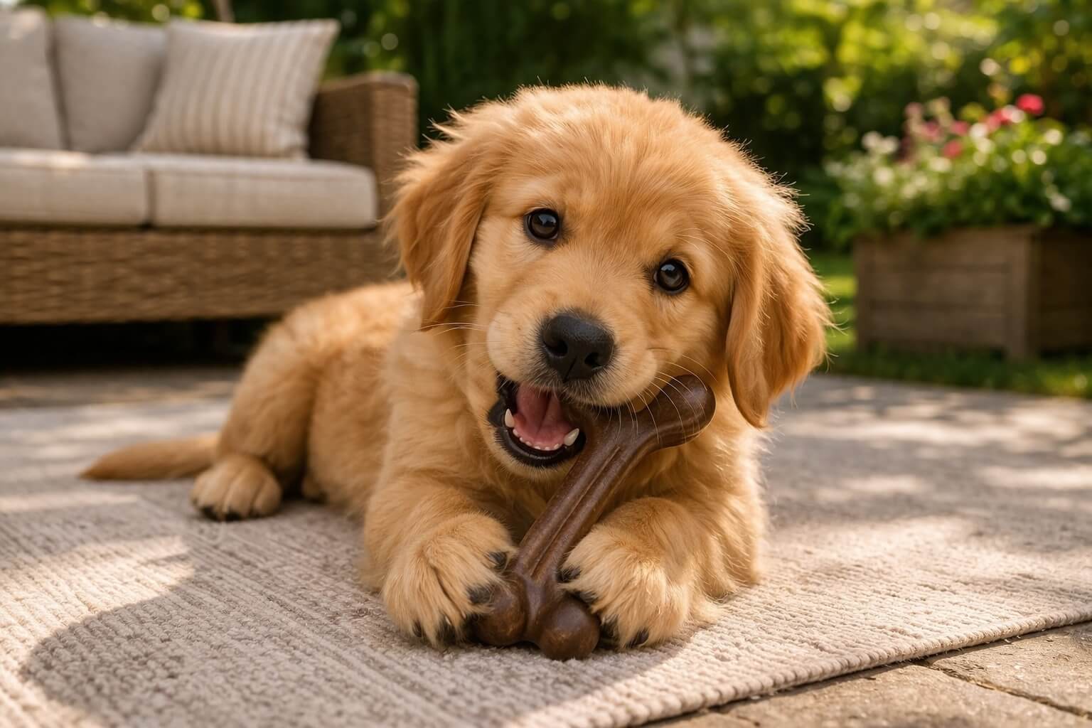 Golden Retriever puppy chewing a durable toy on a rug in a warm home setting