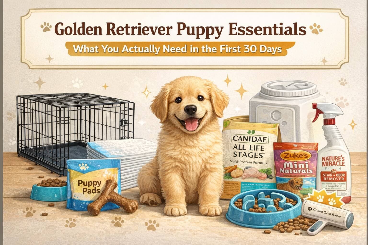 Golden Retriever puppy essentials for the first 30 days including crate, food, chew toys, puppy pads, and training supplies