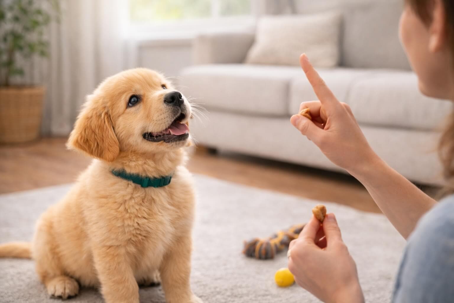 Golden Retriever puppy being trained by its owner using a hand signal and treat, demonstrating basic training and learning