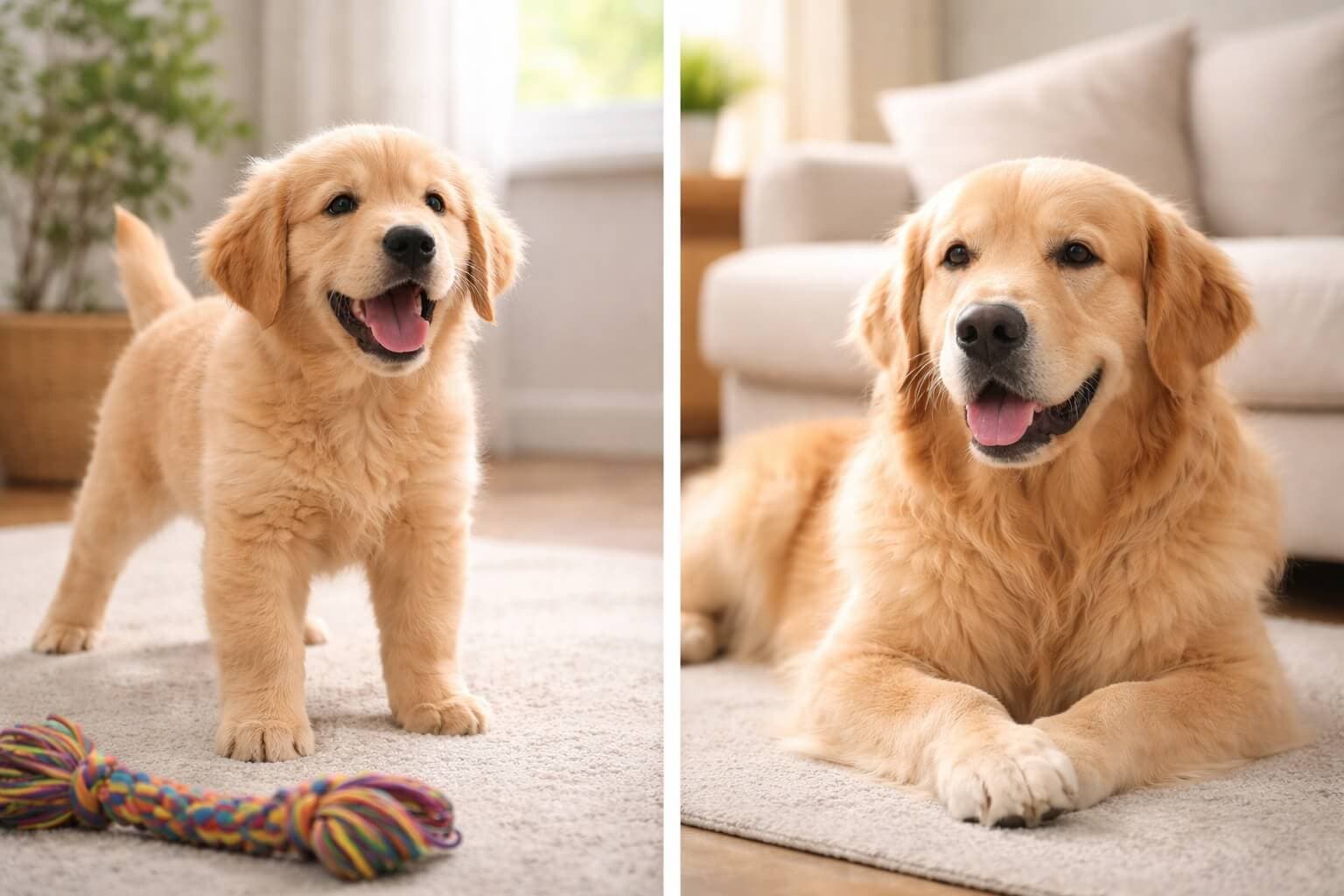 Golden Retriever puppy full of energy next to a calm adult Golden Retriever lying down, representing changes in energy levels over time