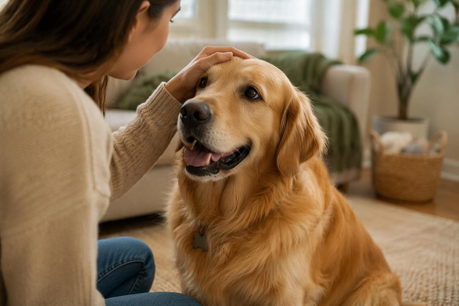 Golden Retriever being gently petted by a person showing trust and bonding during adoption