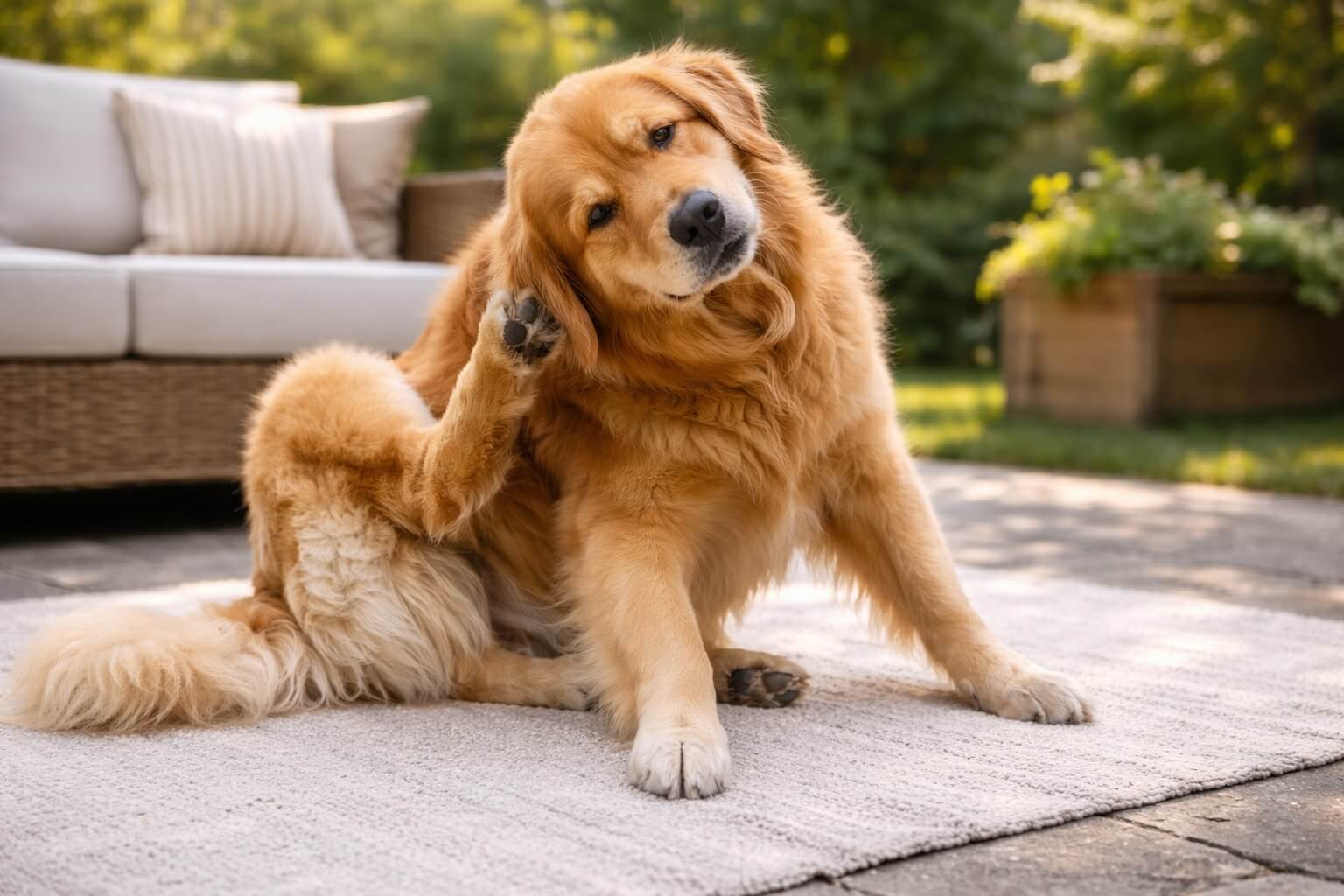 Golden Retriever scratching its ear on a patio, showing signs of ear irritation or itching