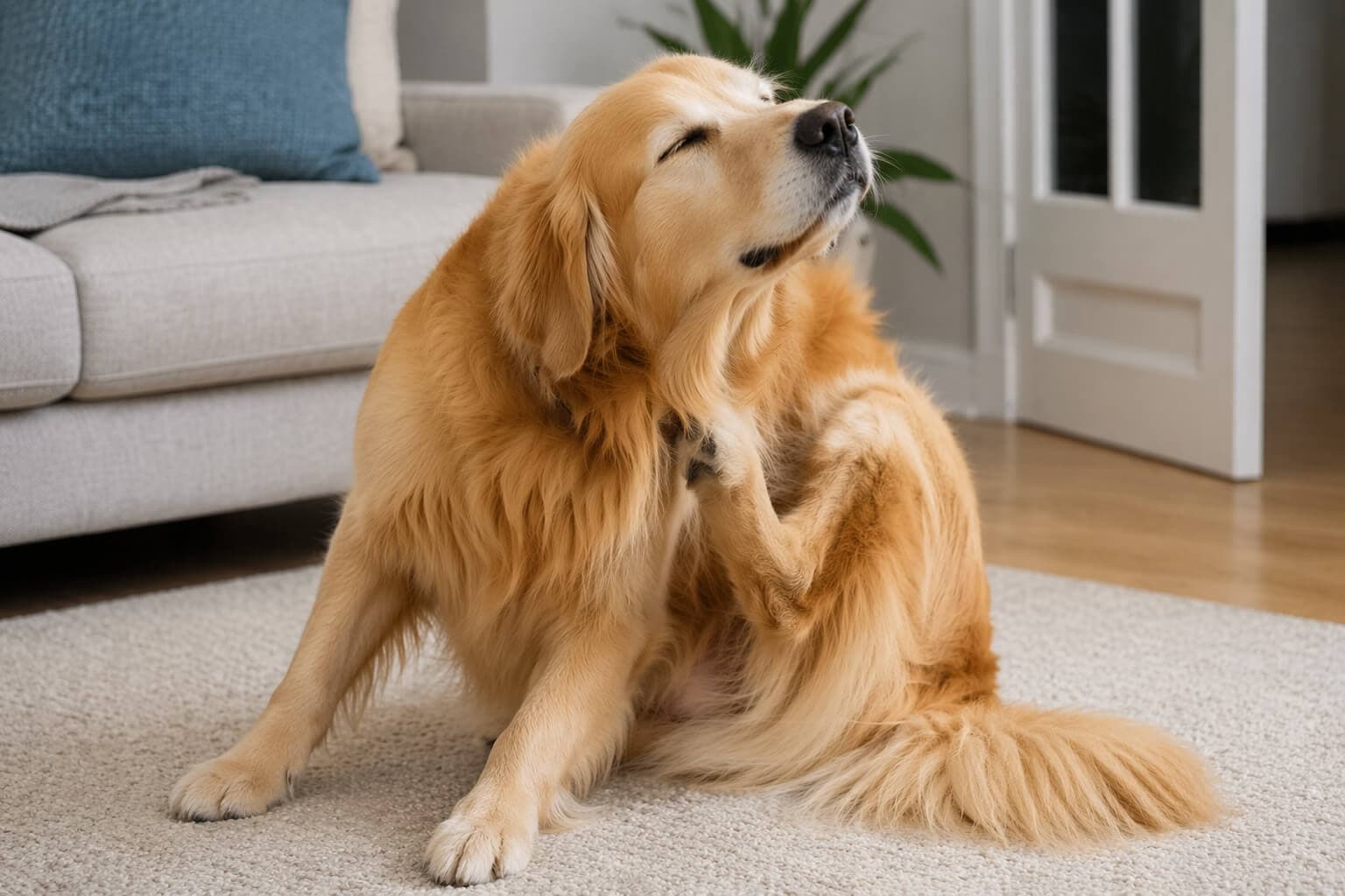 Golden Retriever scratching its neck indoors showing mild skin irritation