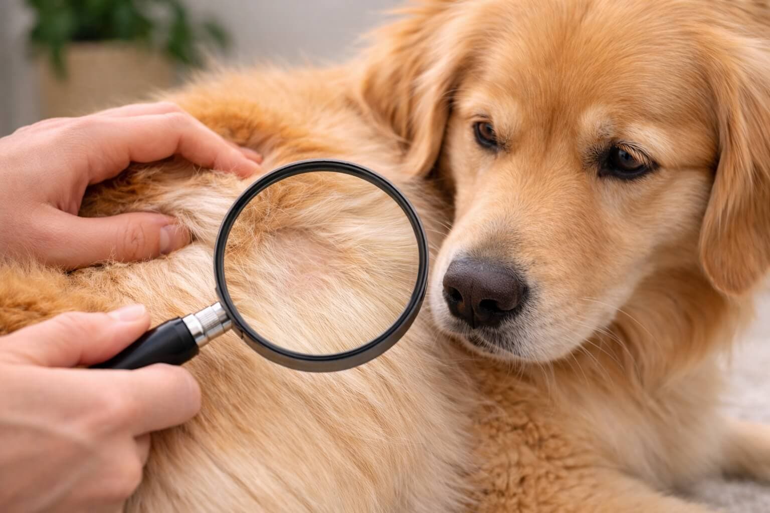 Golden Retriever fur being gently examined with a magnifying glass to check skin health and potential hot spots