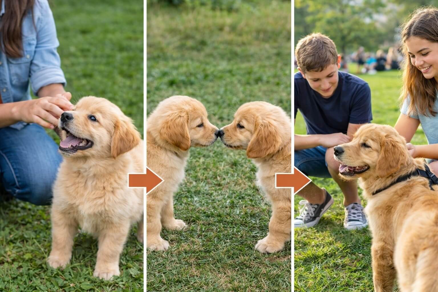 Golden Retriever puppy socialization stages showing interaction with people, other dogs, and public environments over time