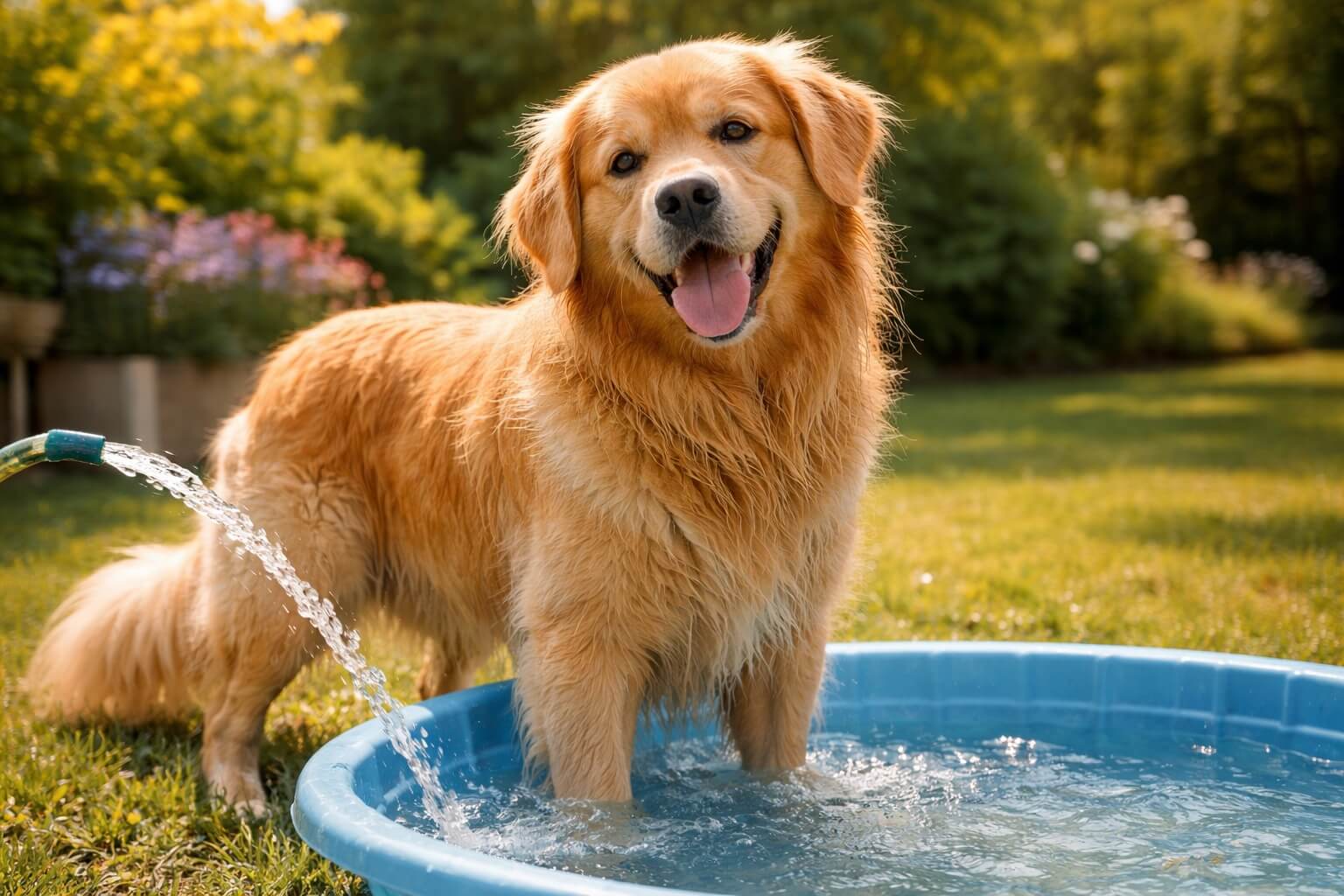 Golden Retriever standing in a small pool outdoors with water hose, showing cooling and heat relief during summer