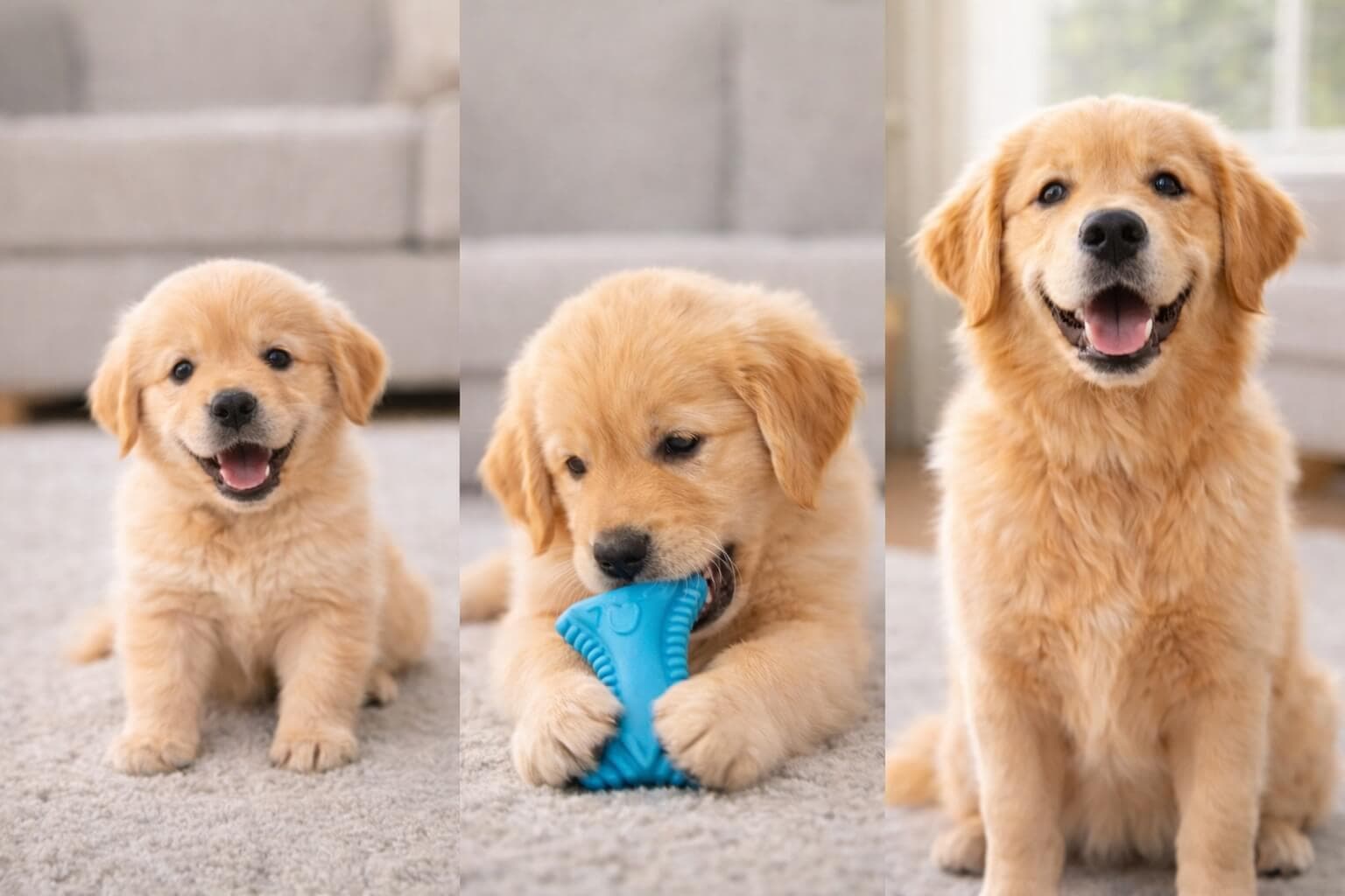 Three Golden Retriever puppies at different stages of growth showing teething progression, including early stage, chewing phase, and older puppy