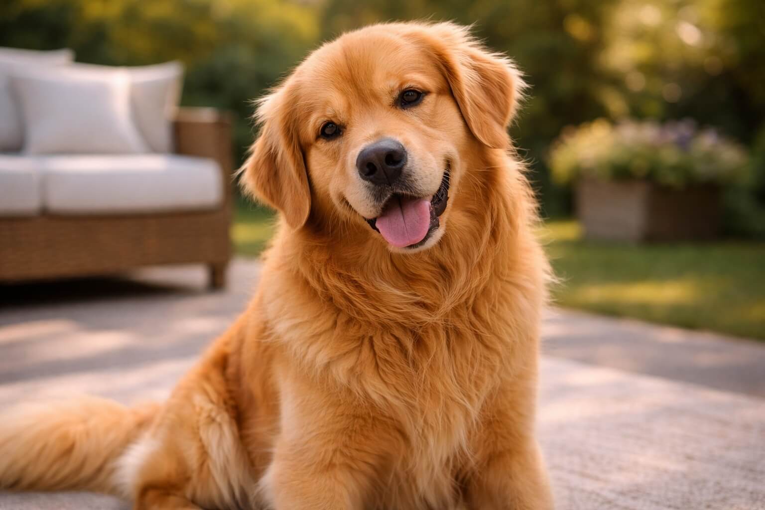 Golden Retriever with a friendly expression and soft eye contact, representing the breed's gentle and affectionate temperament