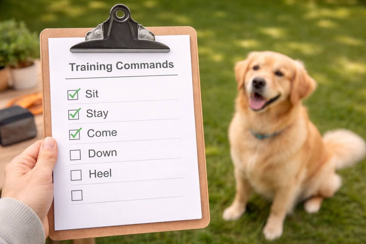 Golden Retriever sitting attentively while a training checklist clipboard with commands like sit, stay, and come is held in the foreground