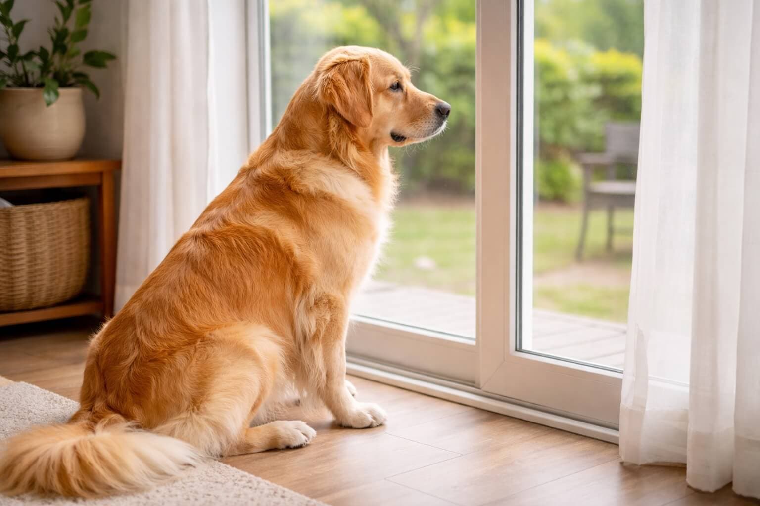 Golden Retriever sitting by a glass door looking outside while waiting alone at home, representing alone time and separation