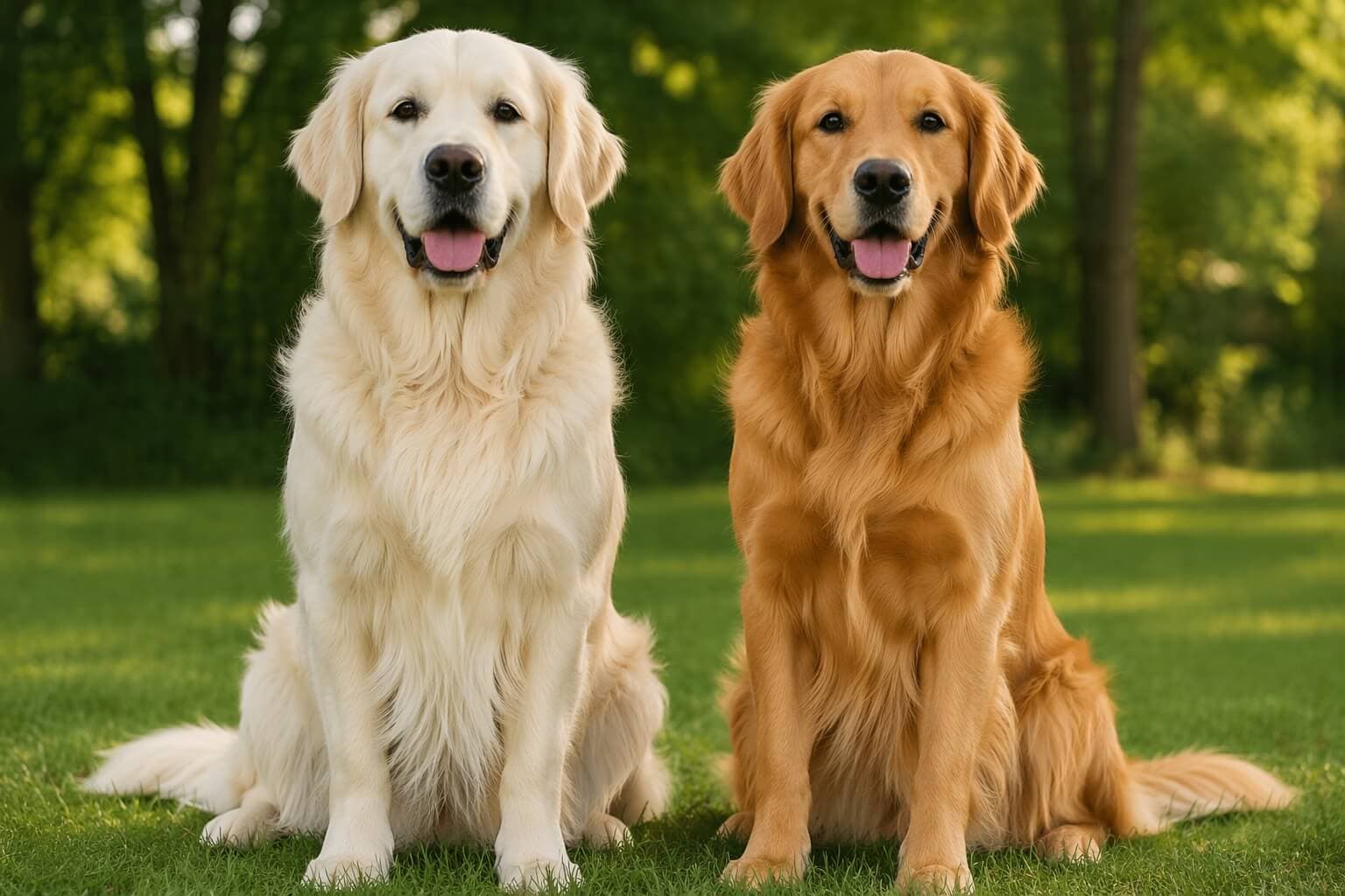 English and American Golden Retrievers sitting side by side showing differences in coat color and build