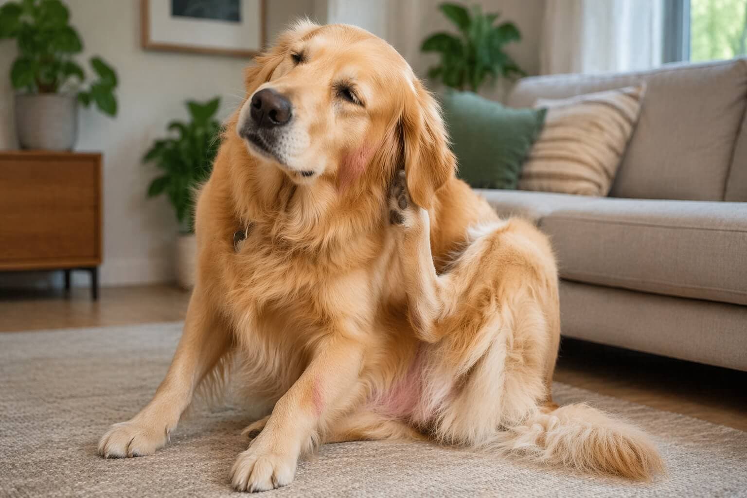 Golden Retriever scratching its ear indoors showing signs of allergies and skin irritation