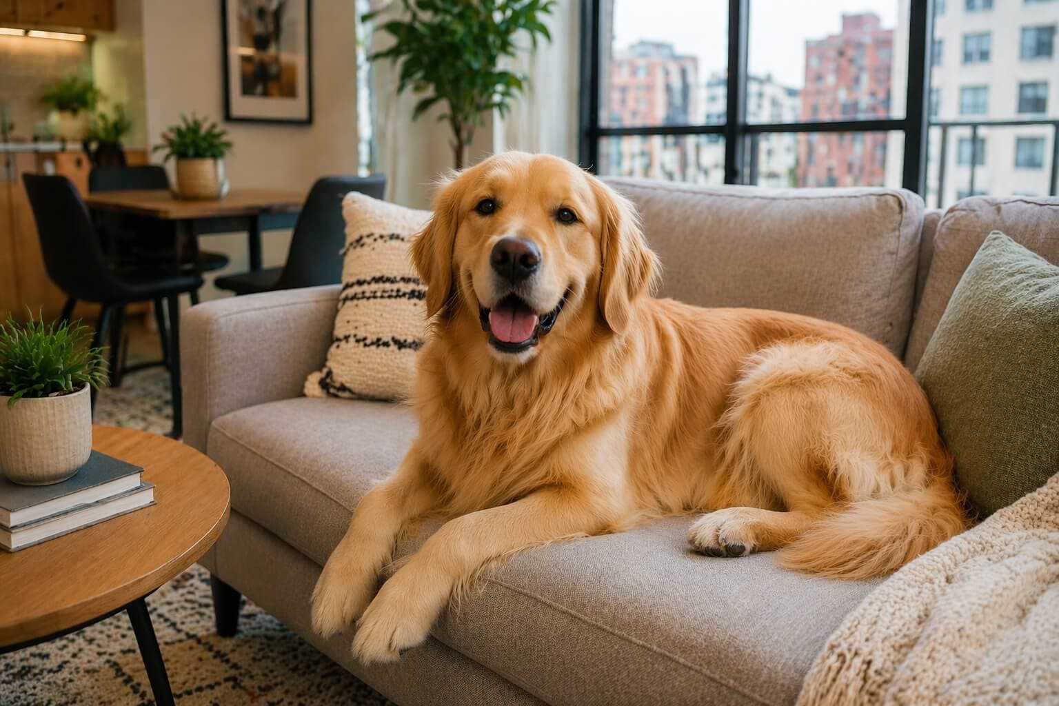 Golden Retriever relaxing on a couch in a modern apartment living room, showing comfortable indoor living