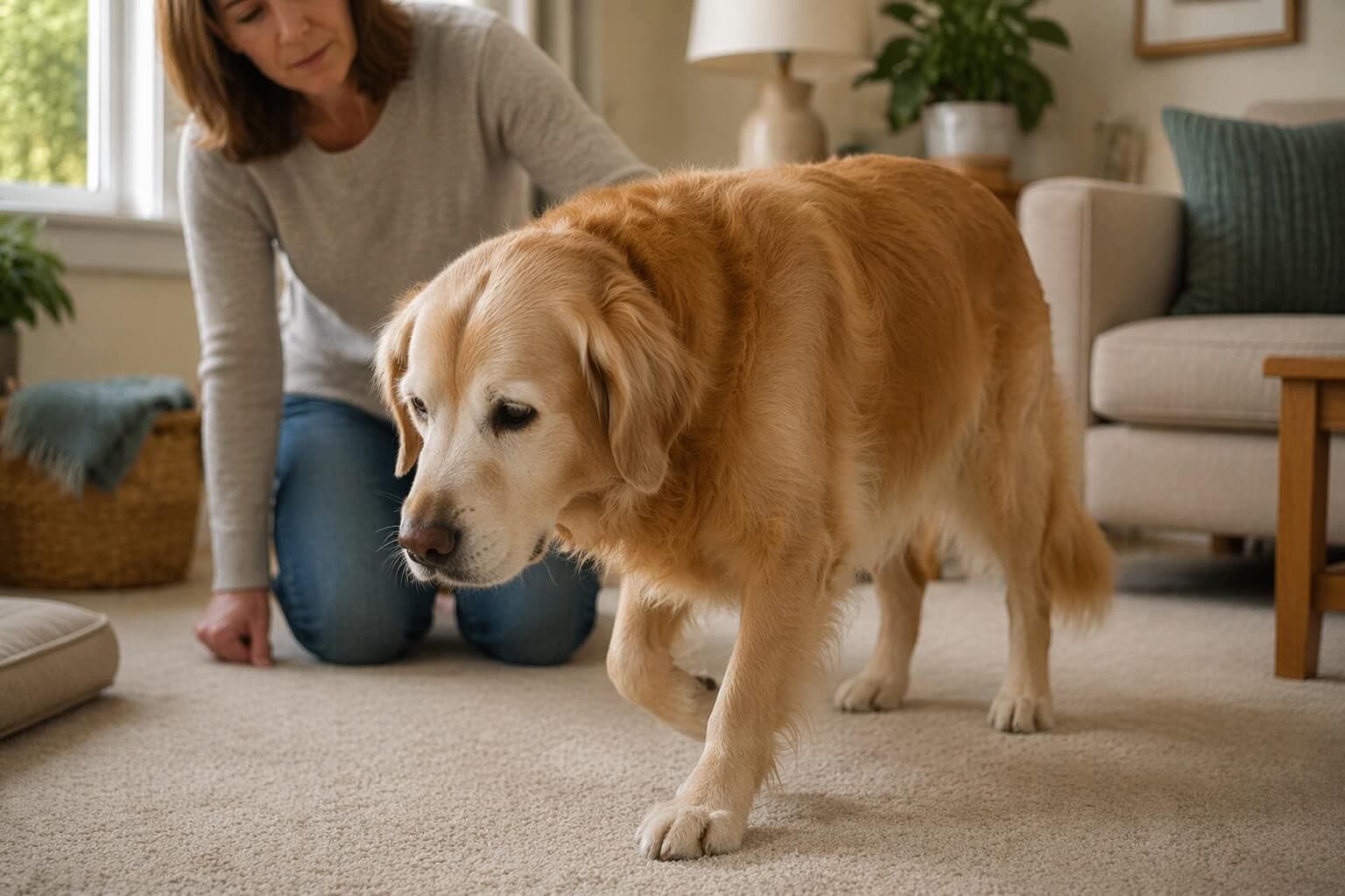 Older Golden Retriever walking slowly indoors showing stiffness from arthritis while owner looks on