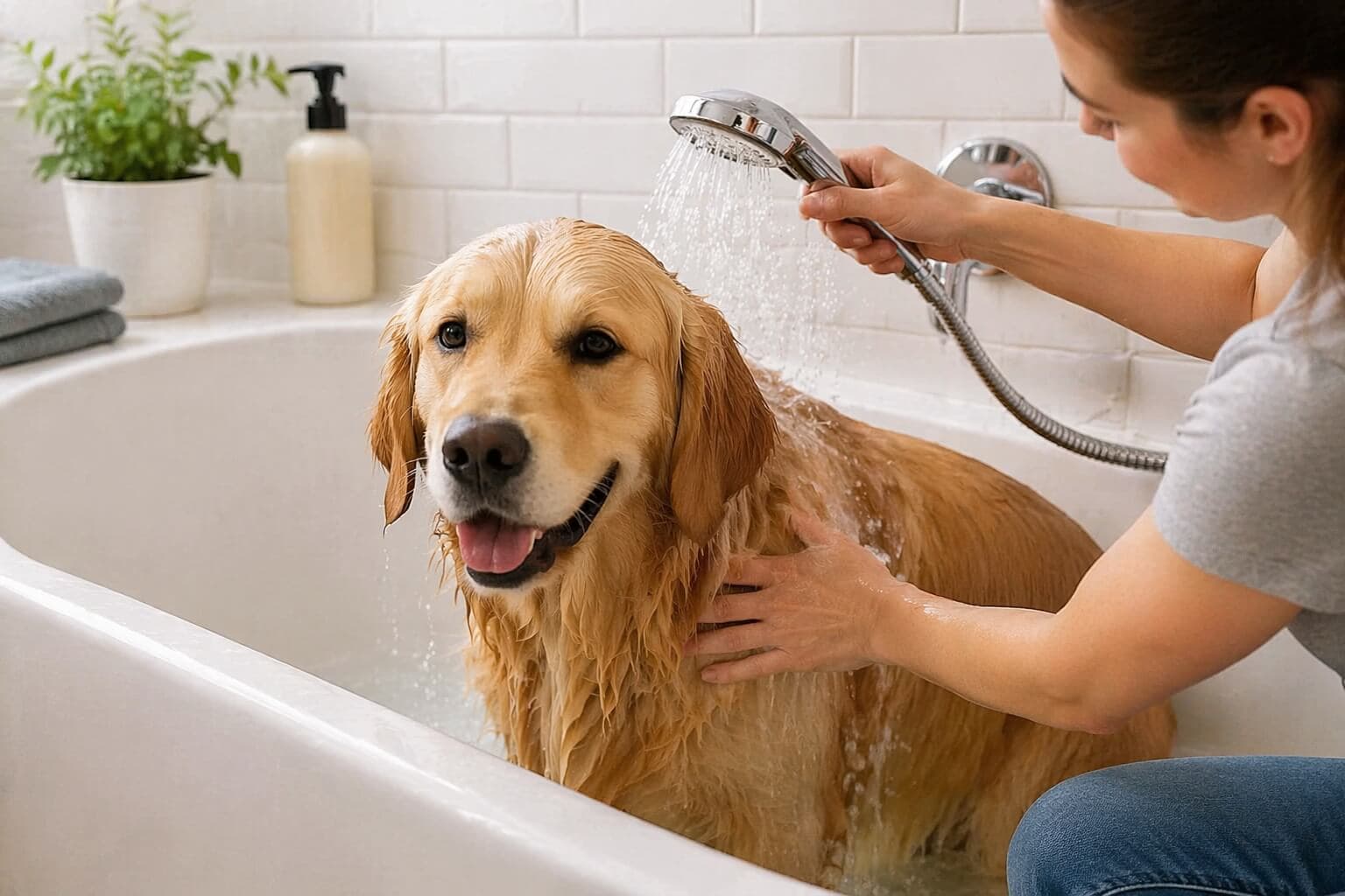 Golden Retriever being rinsed in a bathtub by its owner during bath time at home