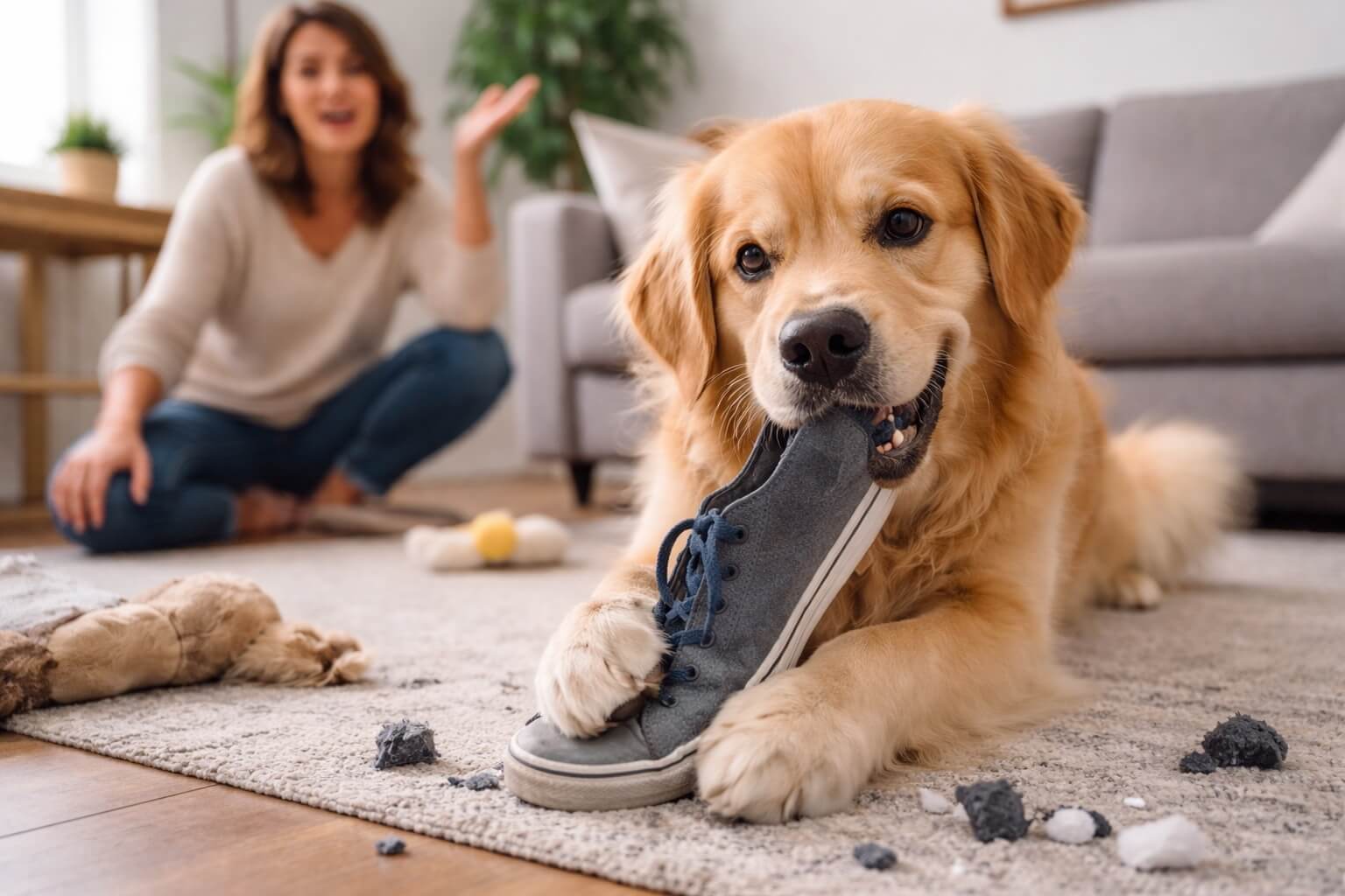 Golden Retriever chewing on a shoe indoors while its owner reacts, showing common behavior problems in dogs