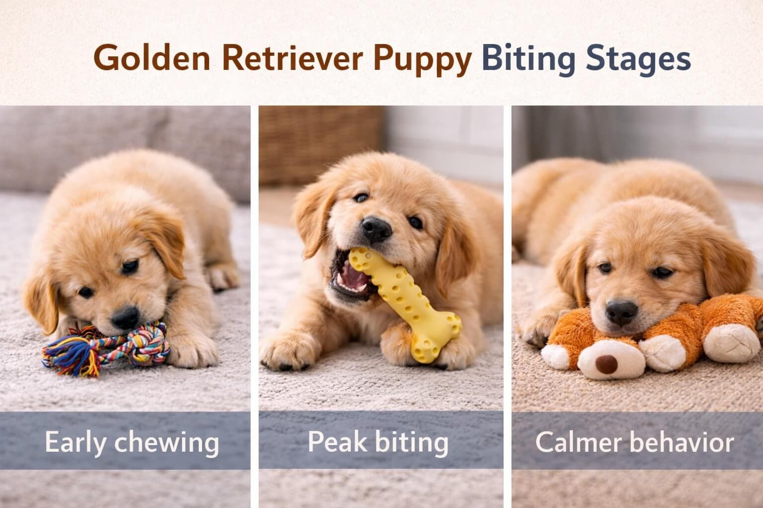 Golden Retriever puppy biting stages showing progression from early chewing to peak biting phase and calmer behavior over time