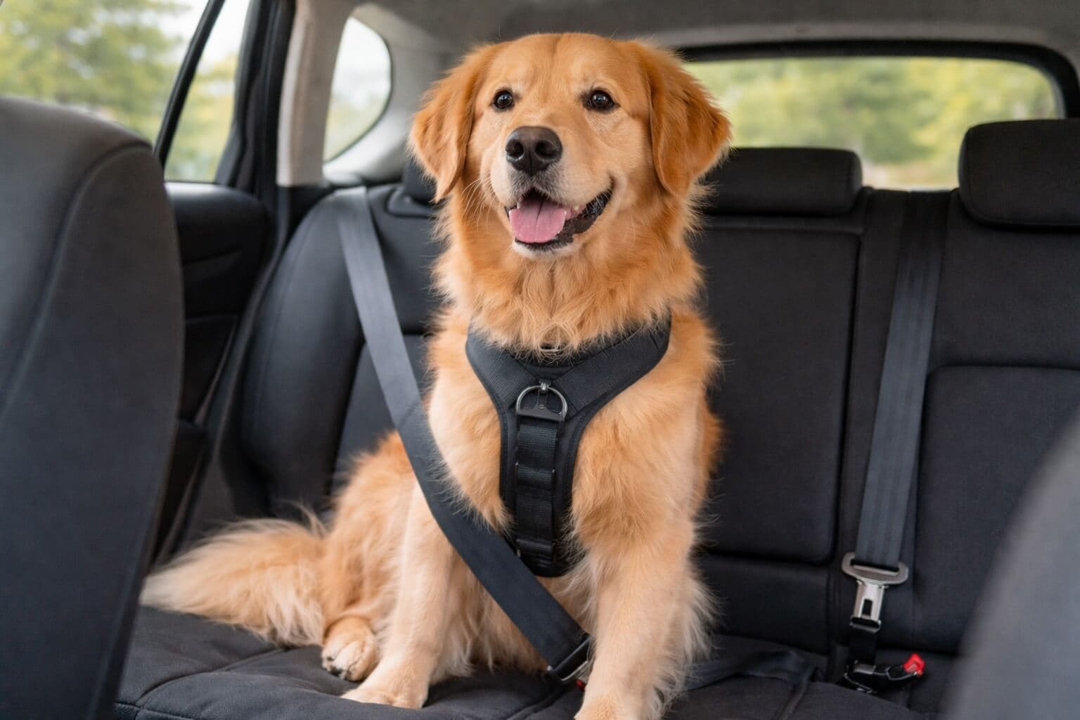 Golden Retriever sitting in the back seat of a car wearing a seatbelt harness, showing safe and secure travel for dogs